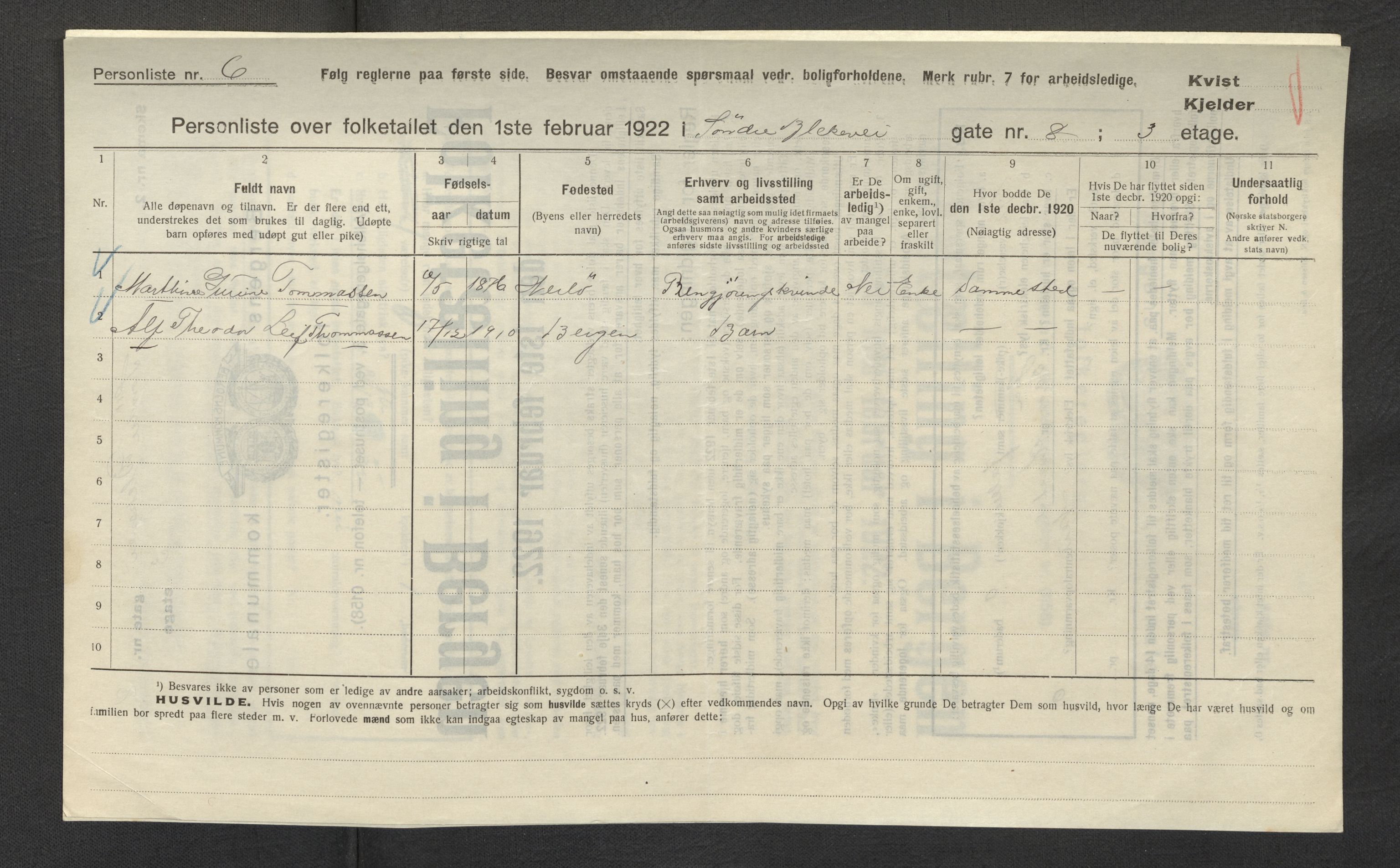 SAB, Municipal Census 1922 for Bergen, 1922, p. 3340