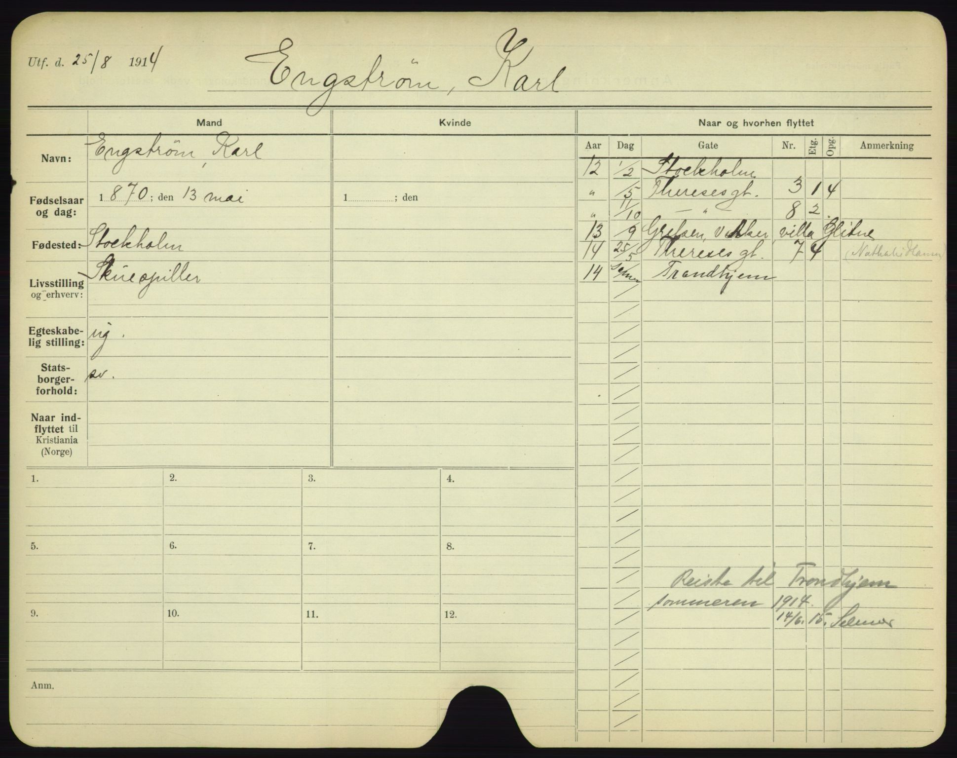 Oslo folkeregister, Registerkort, AV/SAO-A-11715/F/Fa/Fac/L0002: Menn, 1906-1914, p. 1011a