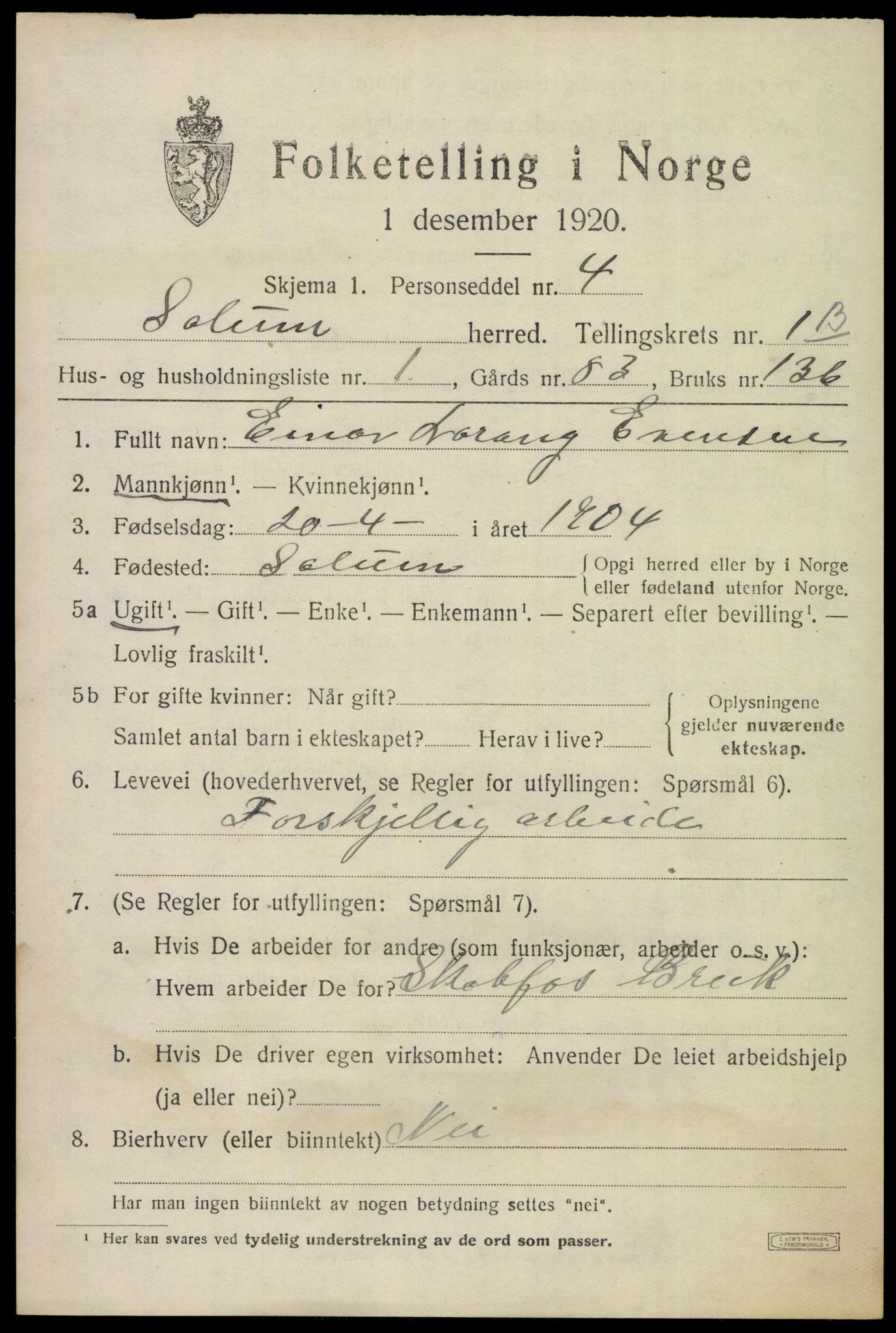 SAKO, 1920 census for Solum, 1920, p. 4050