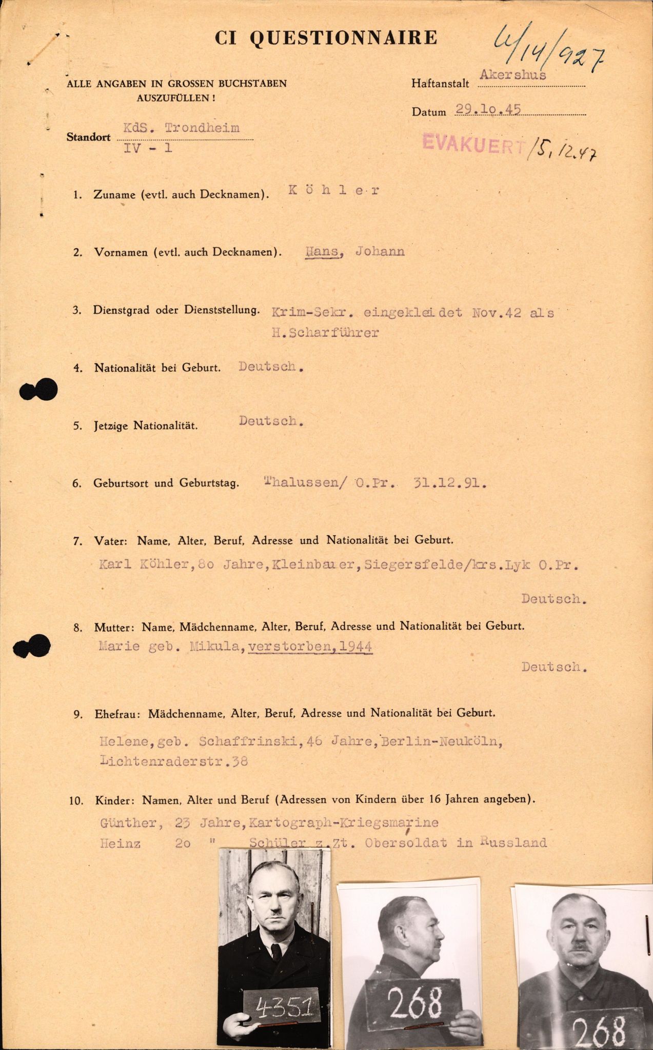 Forsvaret, Forsvarets overkommando II, AV/RA-RAFA-3915/D/Db/L0019: CI Questionaires. Tyske okkupasjonsstyrker i Norge. Tyskere., 1945-1946, p. 144