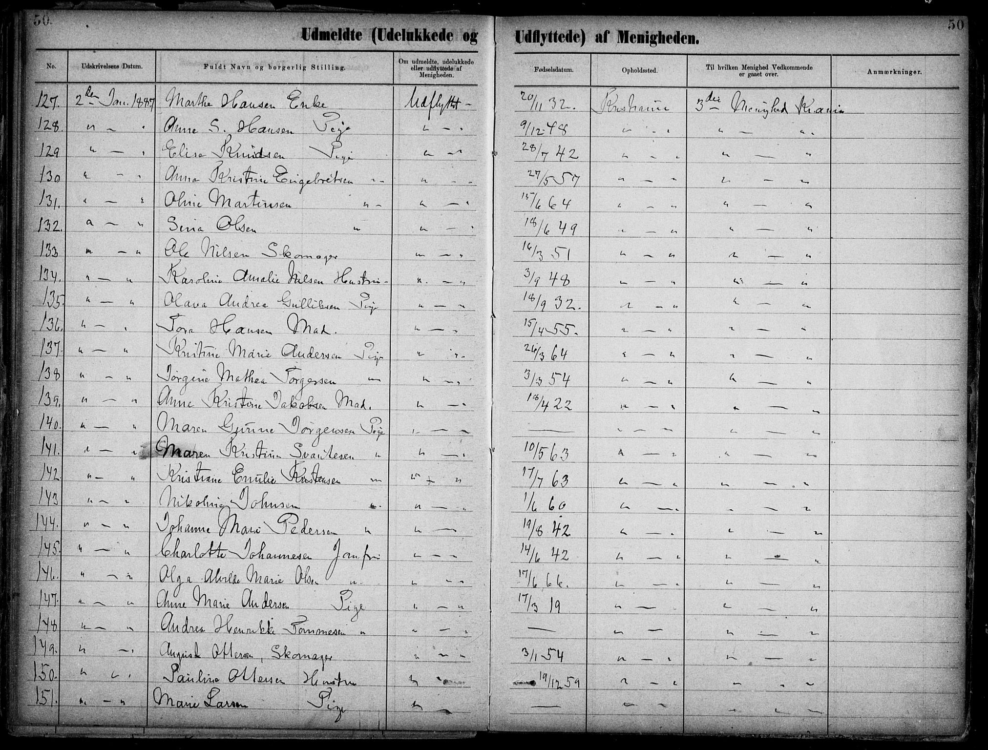 Første Metodistkirke Oslo -  menighetsprotokoller, AV/SAO-PAO-0067/F/L0002: Dissenter register no. 2, 1883-1892, p. 50