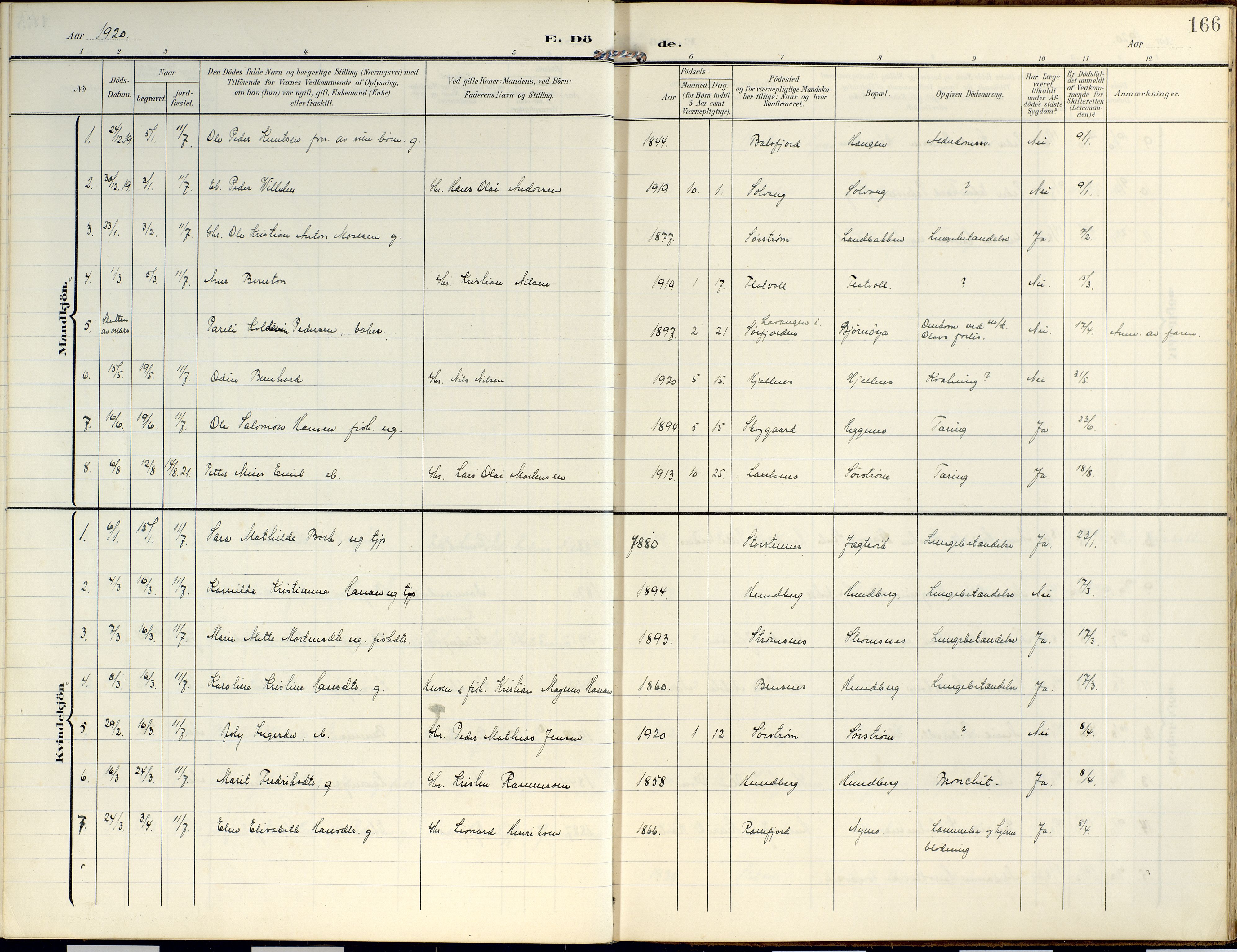 Lyngen sokneprestembete, AV/SATØ-S-1289/H/He/Hea/L0014kirke: Parish register (official) no. 14, 1905-1920, p. 166