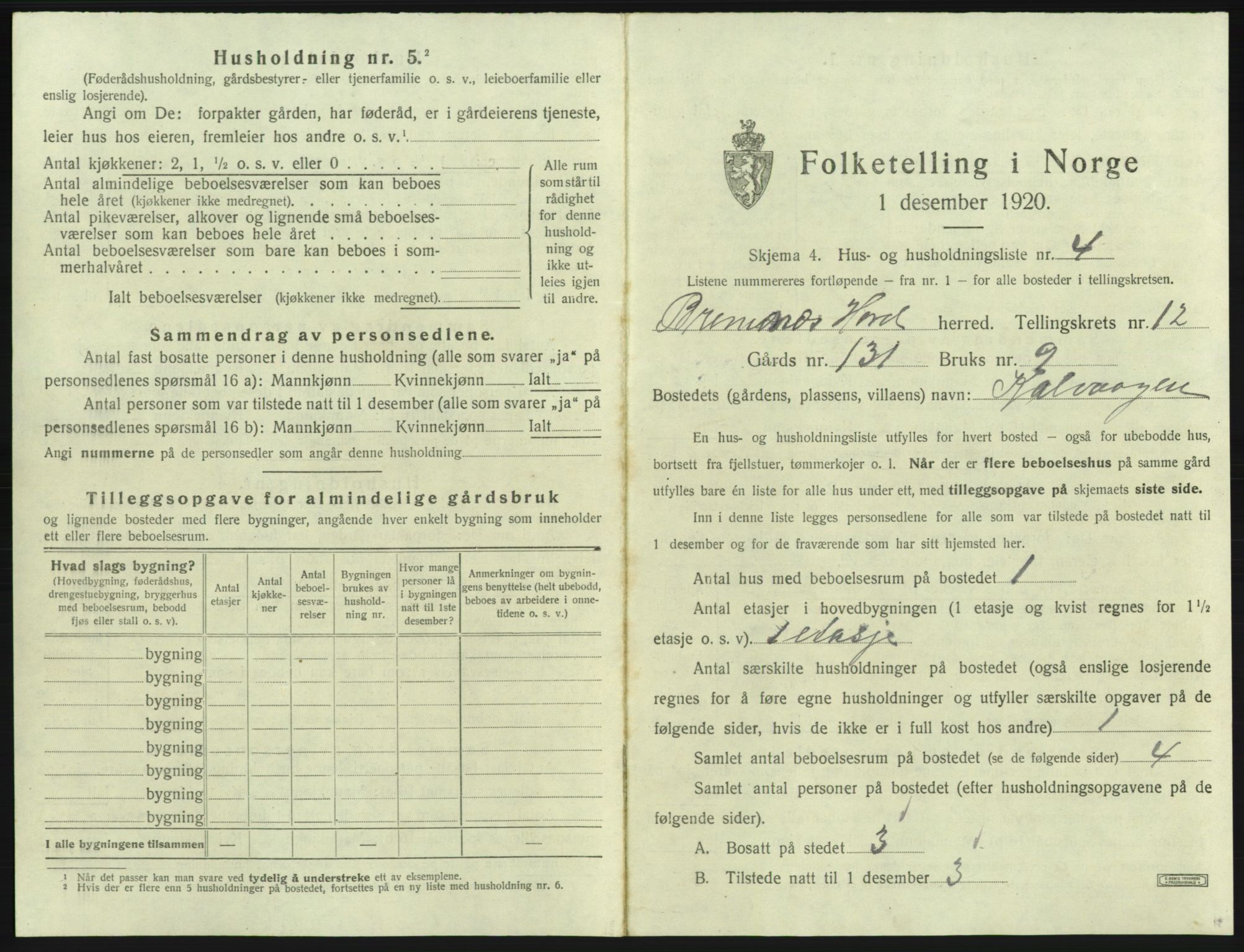 SAB, 1920 census for Bremnes, 1920, p. 1032