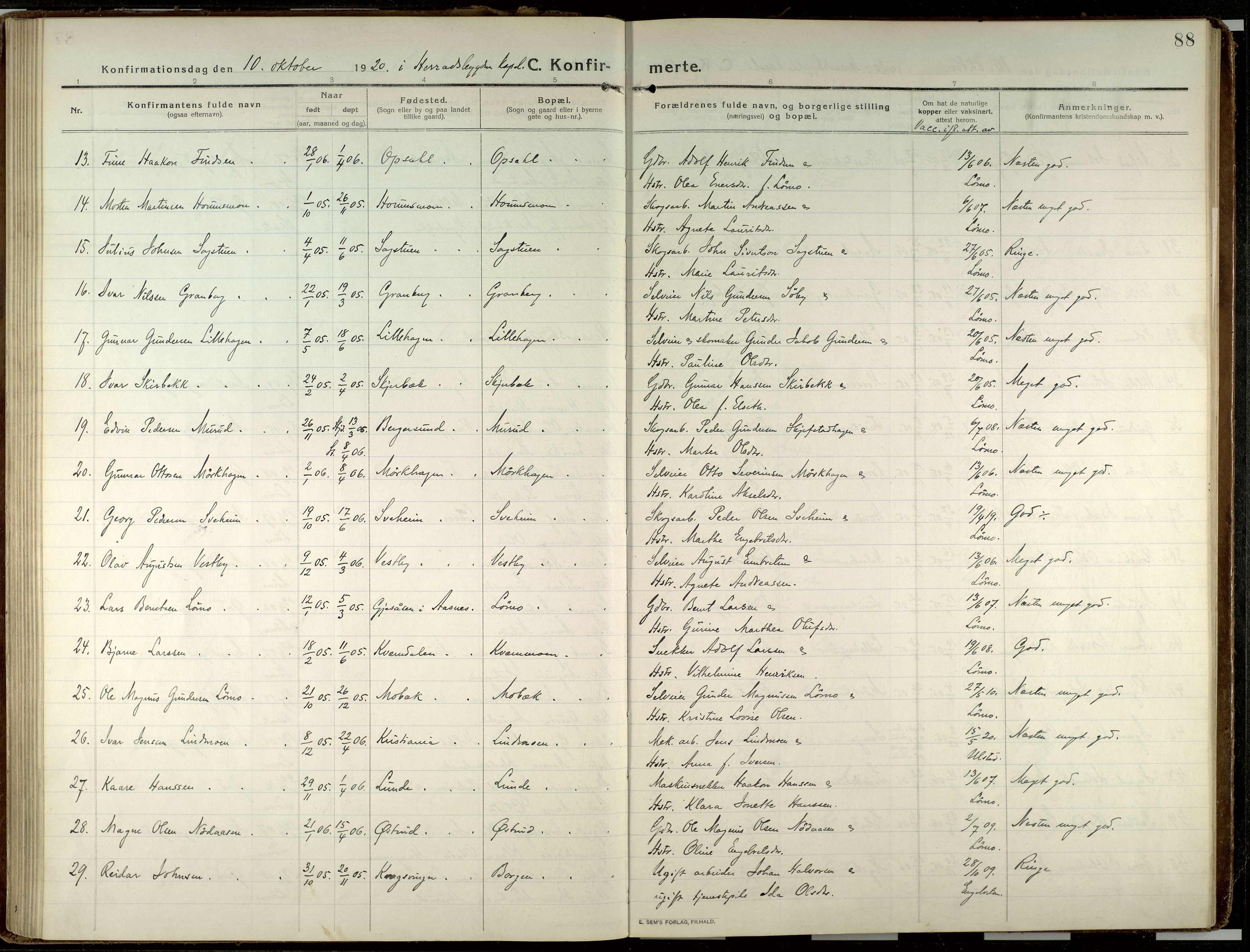 Elverum prestekontor, AV/SAH-PREST-044/H/Ha/Haa/L0023: Parish register (official) no. 23, 1914-1929, p. 88