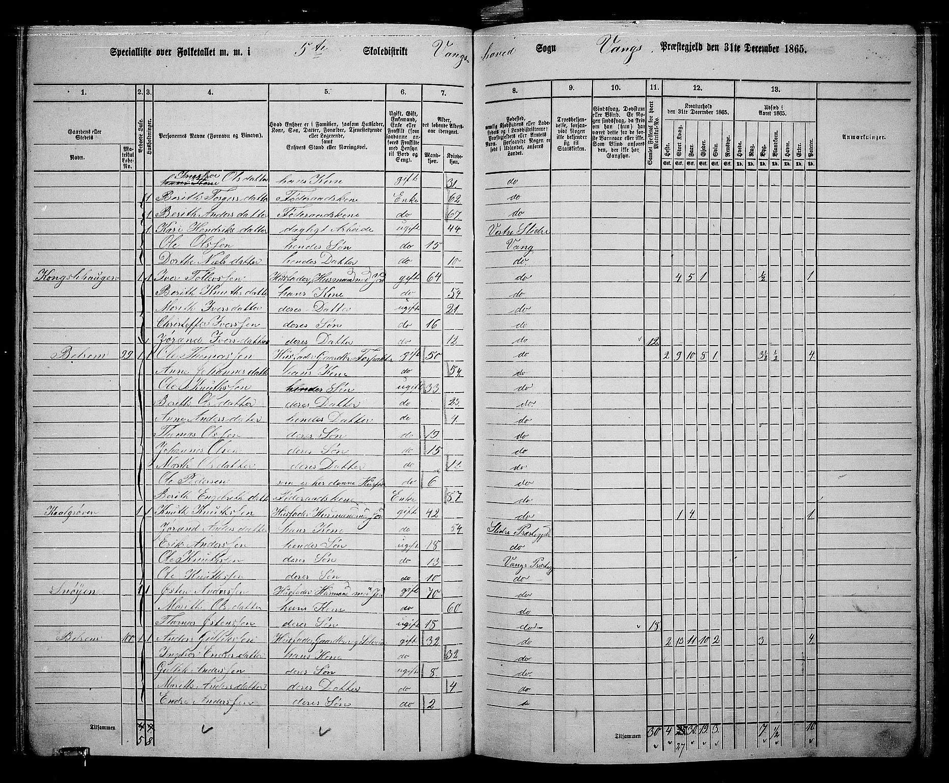 RA, 1865 census for Vang, 1865, p. 68