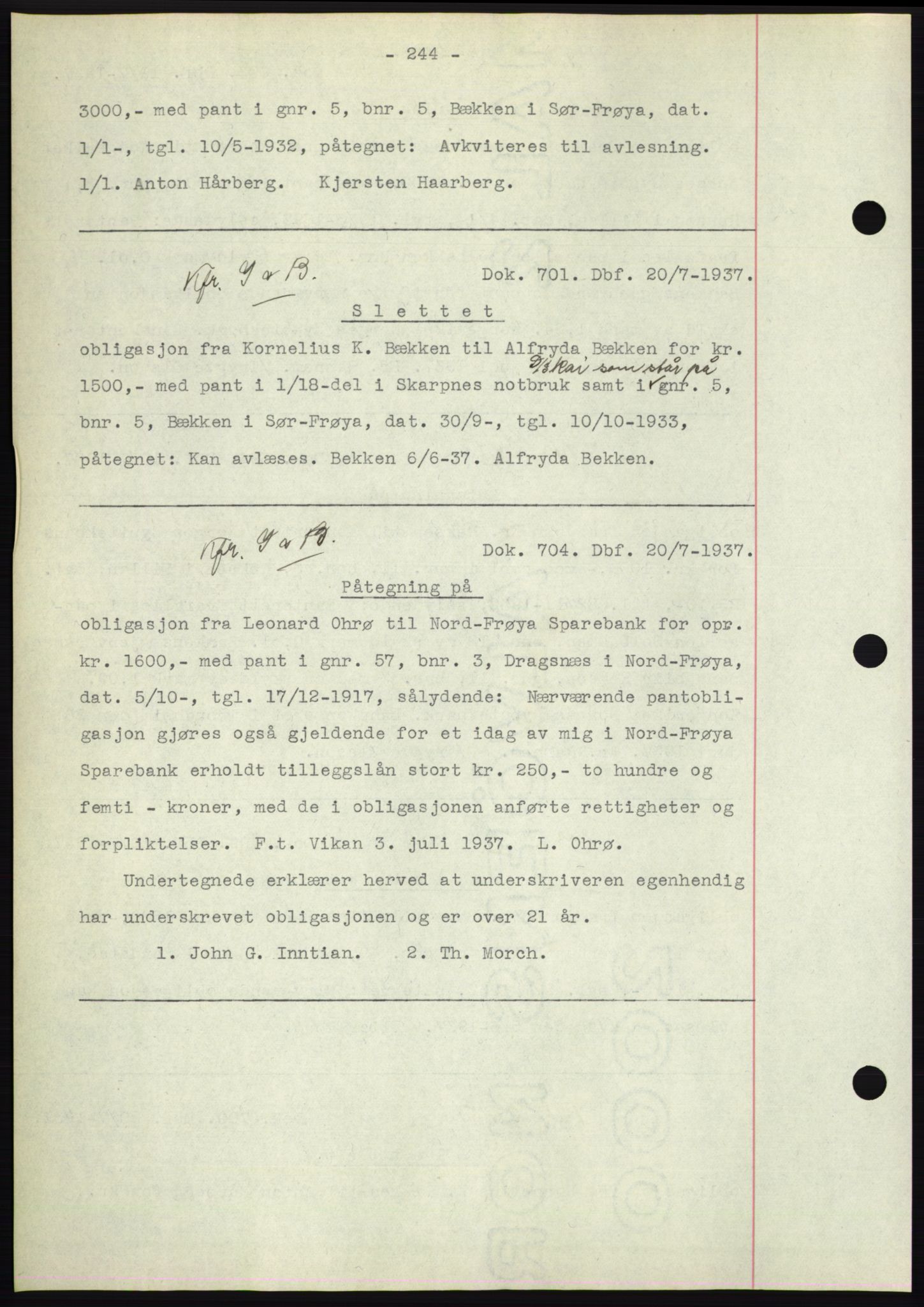 Hitra sorenskriveri, AV/SAT-A-0018/2/2C/2Ca: Mortgage book no. C1, 1936-1945, Diary no: : 701/1937