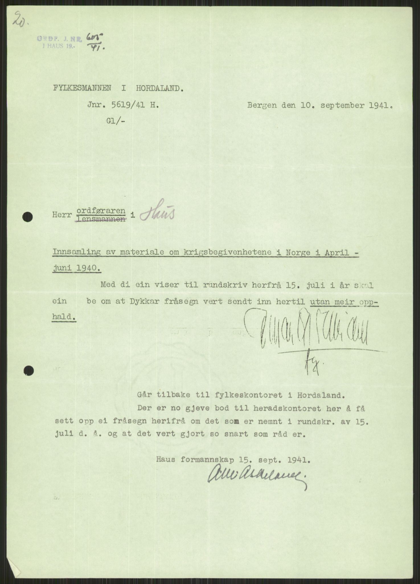 Forsvaret, Forsvarets krigshistoriske avdeling, AV/RA-RAFA-2017/Y/Ya/L0015: II-C-11-31 - Fylkesmenn.  Rapporter om krigsbegivenhetene 1940., 1940, p. 316
