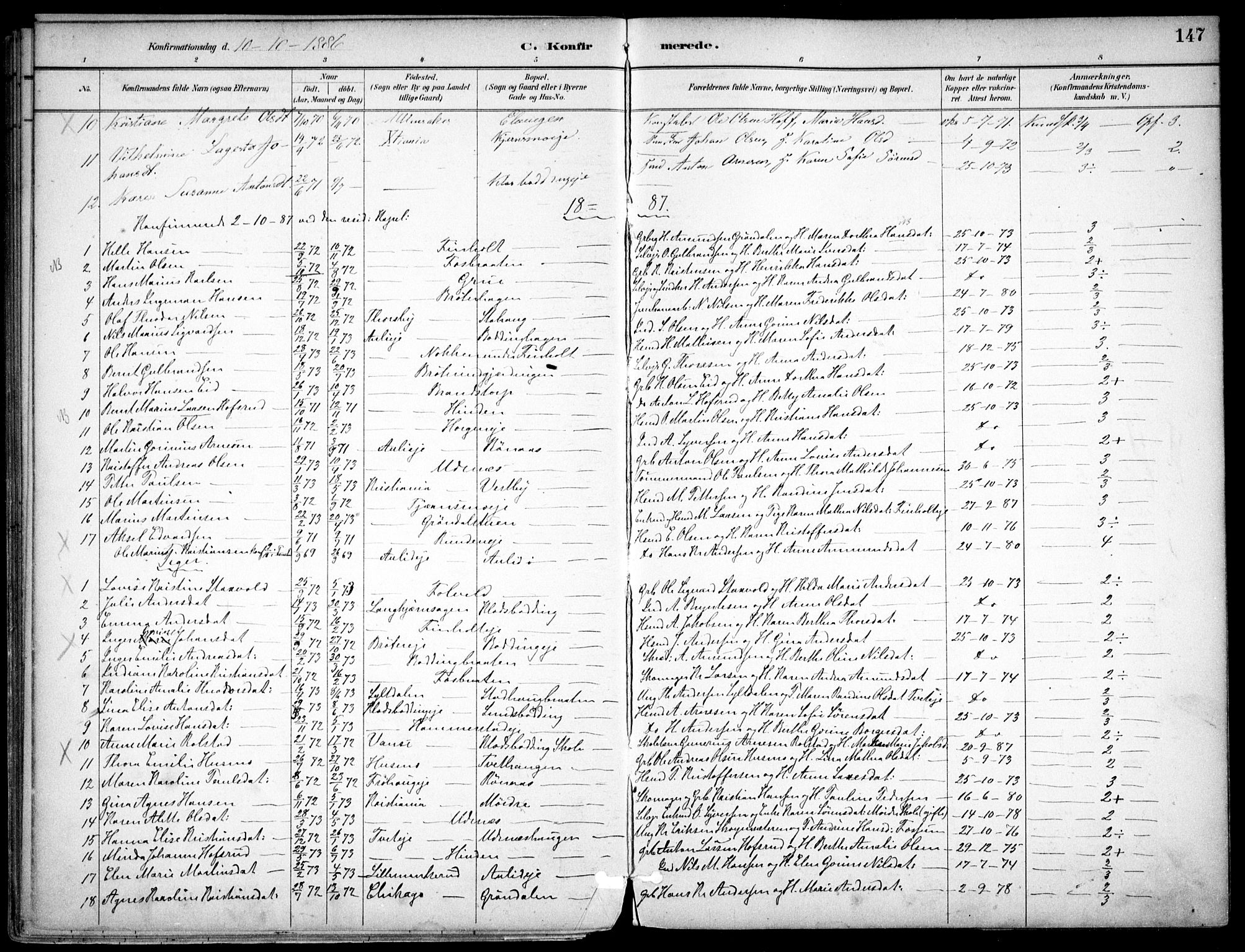 Nes prestekontor Kirkebøker, SAO/A-10410/F/Fc/L0002: Parish register (official) no. IIi 2, 1882-1916, p. 147