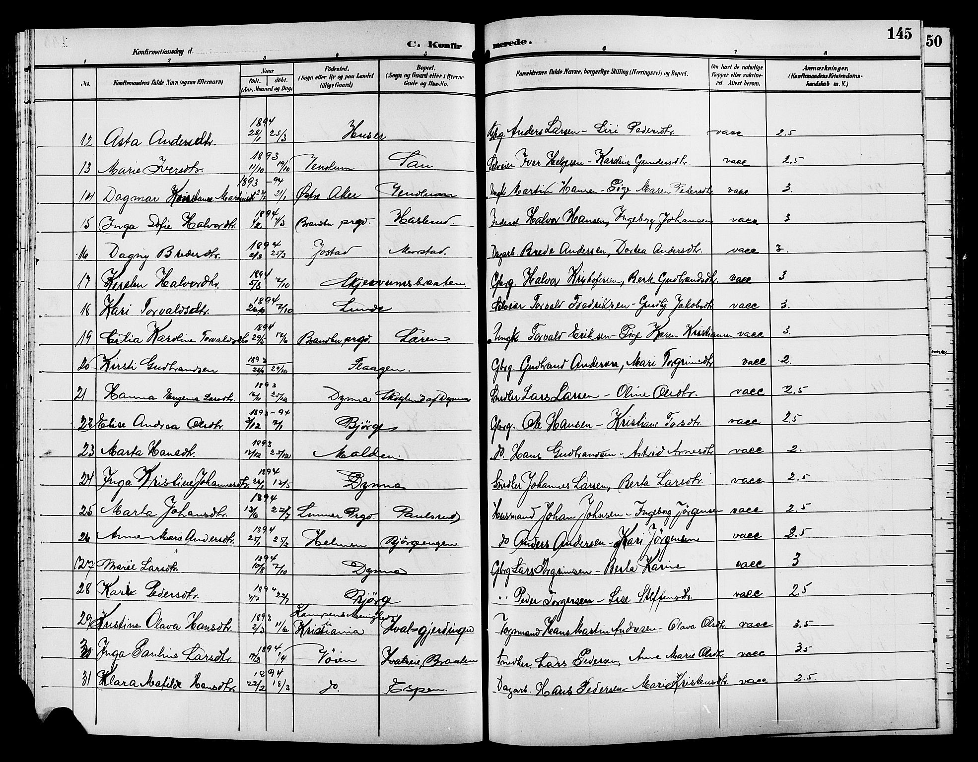 Gran prestekontor, SAH/PREST-112/H/Ha/Hab/L0006: Parish register (copy) no. 6, 1901-1911, p. 145
