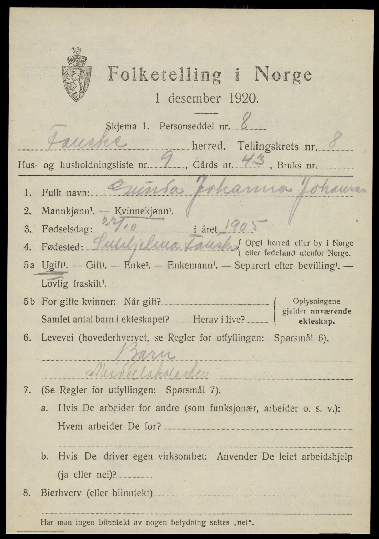 SAT, 1920 census for Fauske, 1920, p. 6358