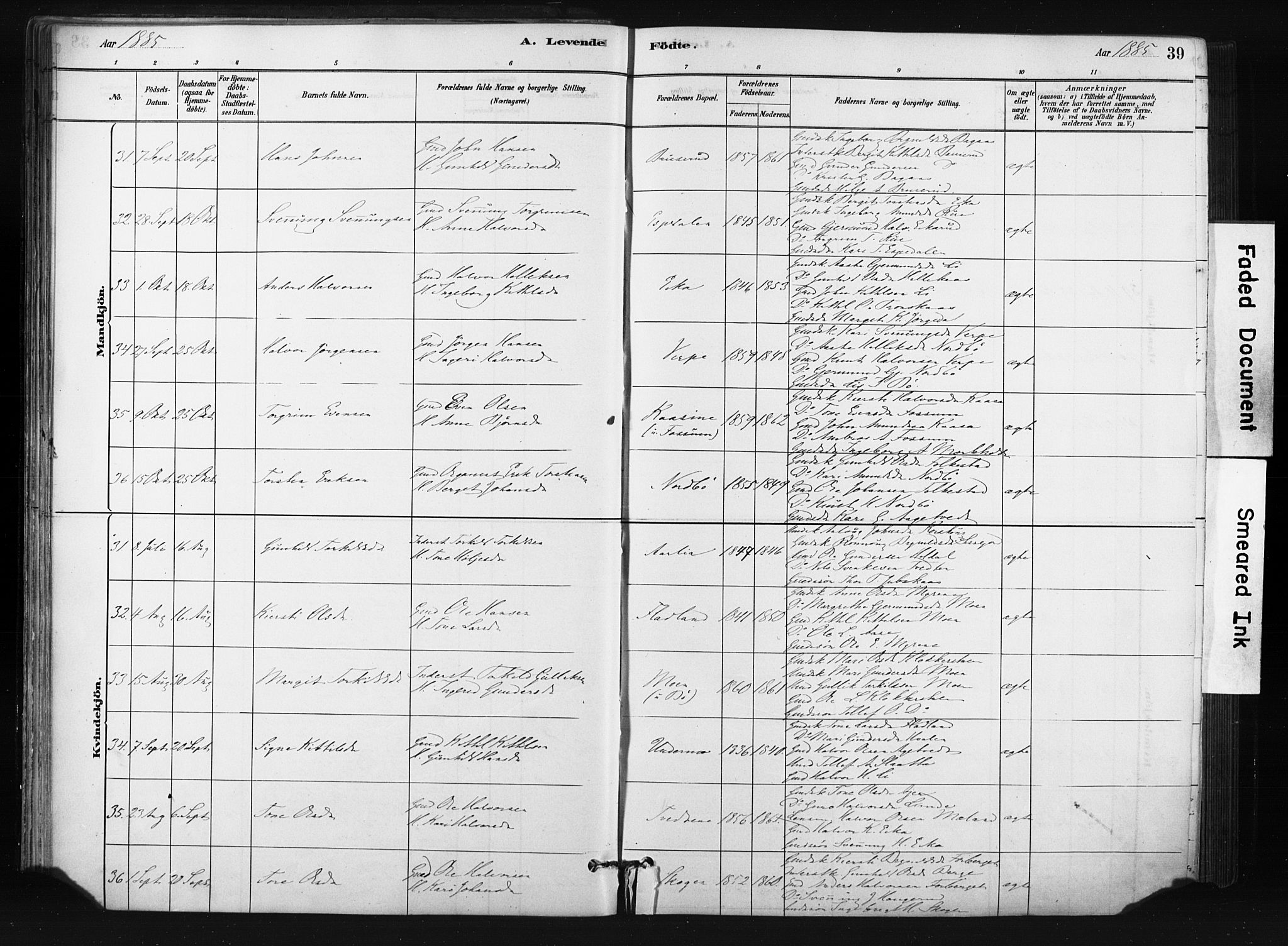 Bø kirkebøker, AV/SAKO-A-257/F/Fa/L0010: Parish register (official) no. 10, 1880-1892, p. 39