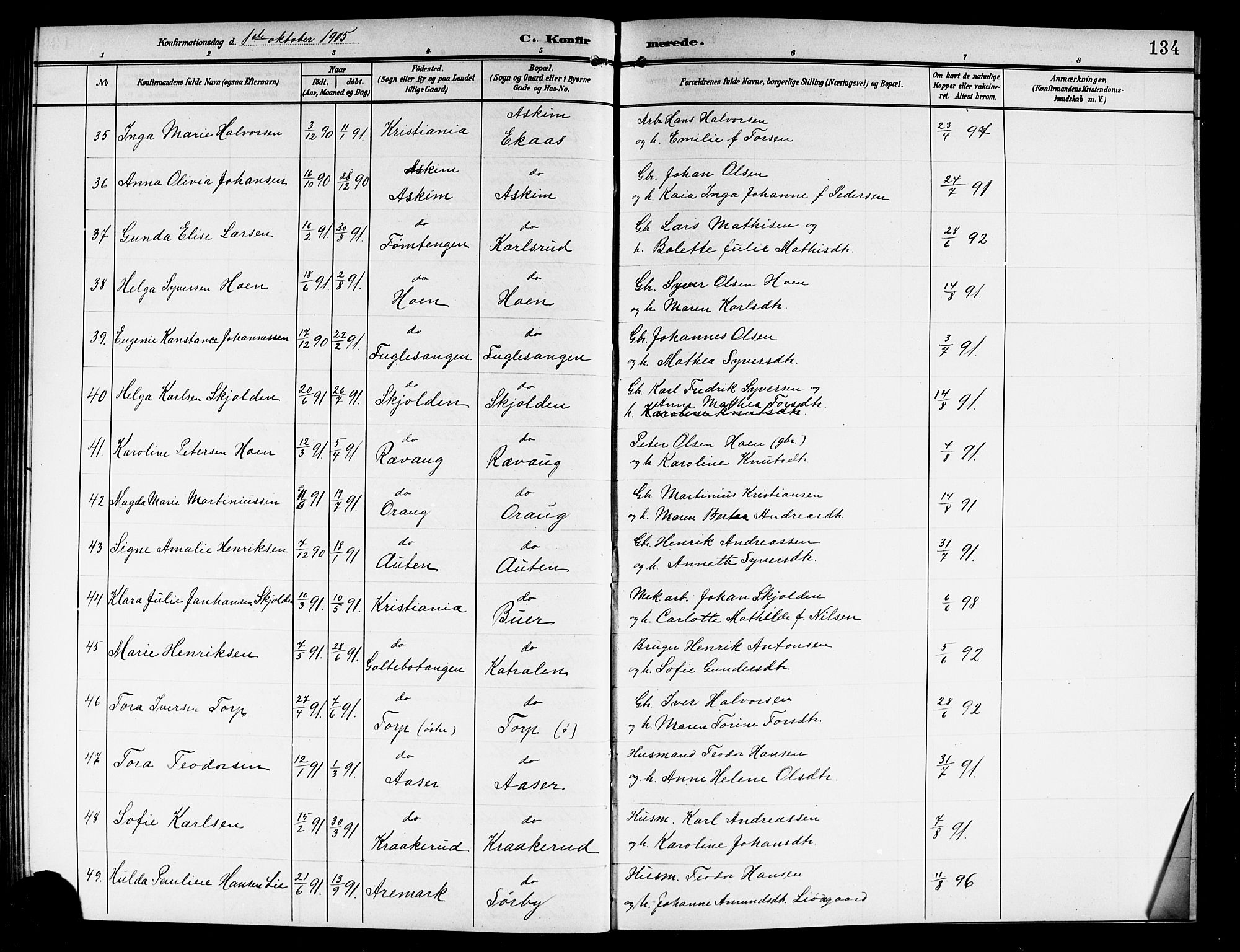 Askim prestekontor Kirkebøker, AV/SAO-A-10900/G/Ga/L0002: Parish register (copy) no. 2, 1903-1921, p. 134