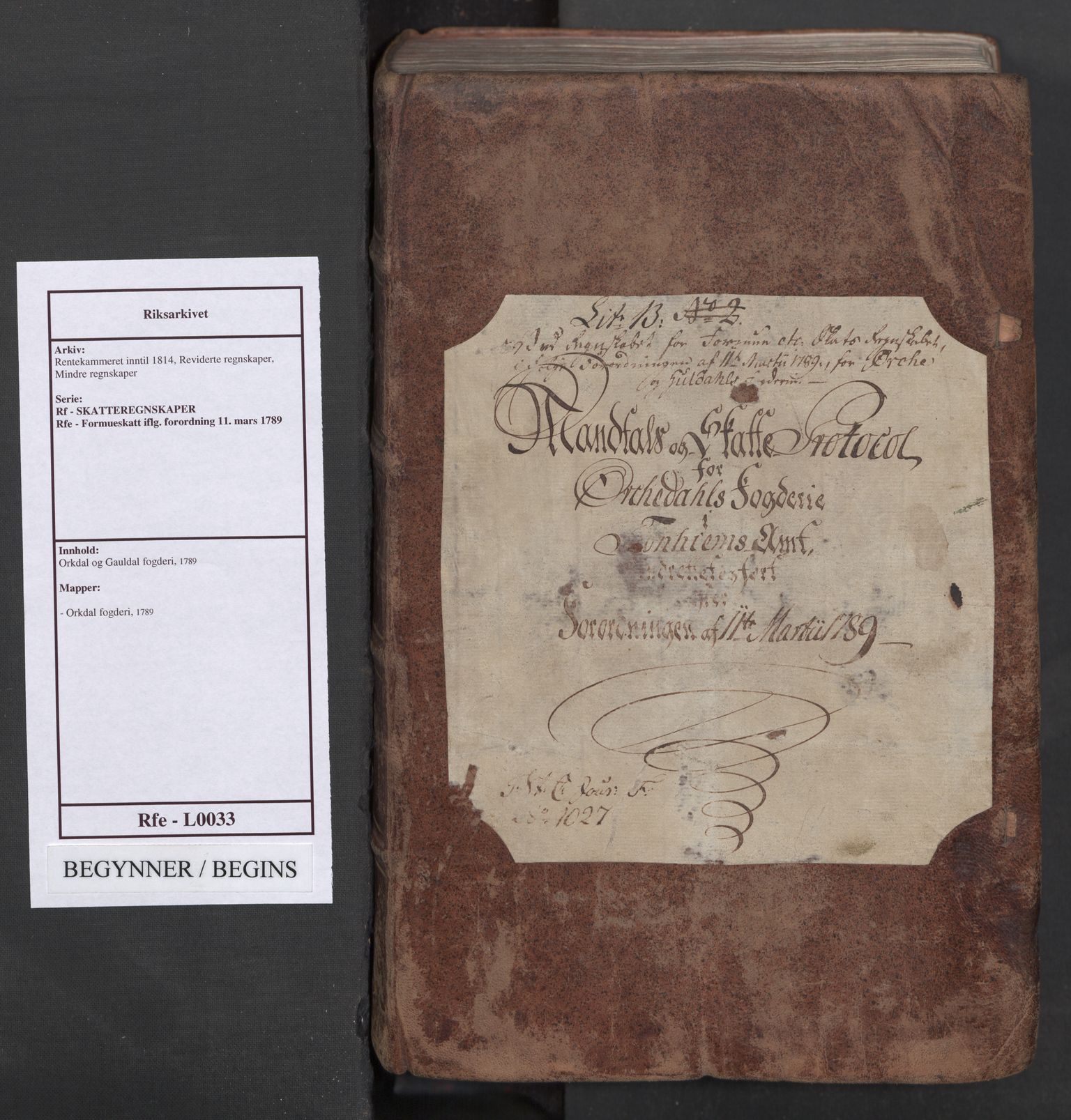 Rentekammeret inntil 1814, Reviderte regnskaper, Mindre regnskaper, RA/EA-4068/Rf/Rfe/L0033: Orkdal og Gauldal fogderi, 1789, p. 1