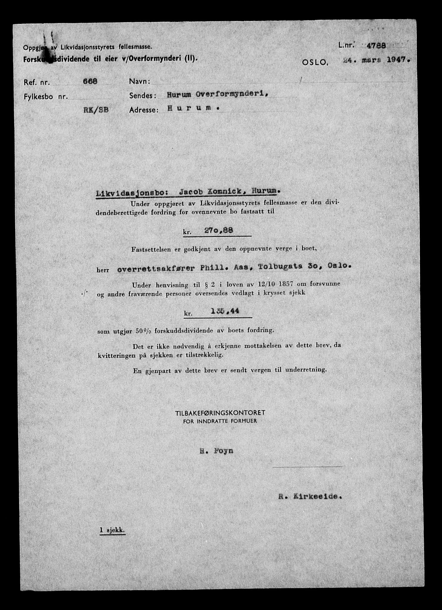 Justisdepartementet, Tilbakeføringskontoret for inndratte formuer, AV/RA-S-1564/H/Hc/Hcd/L1002: --, 1945-1947, p. 85