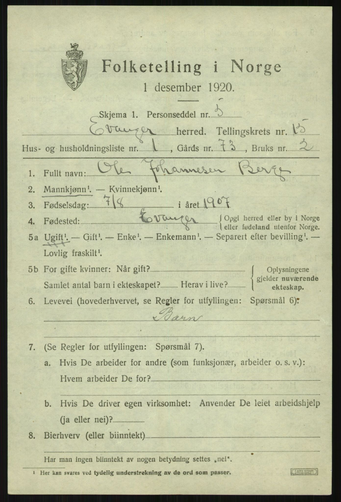 SAB, 1920 census for Evanger, 1920, p. 4093