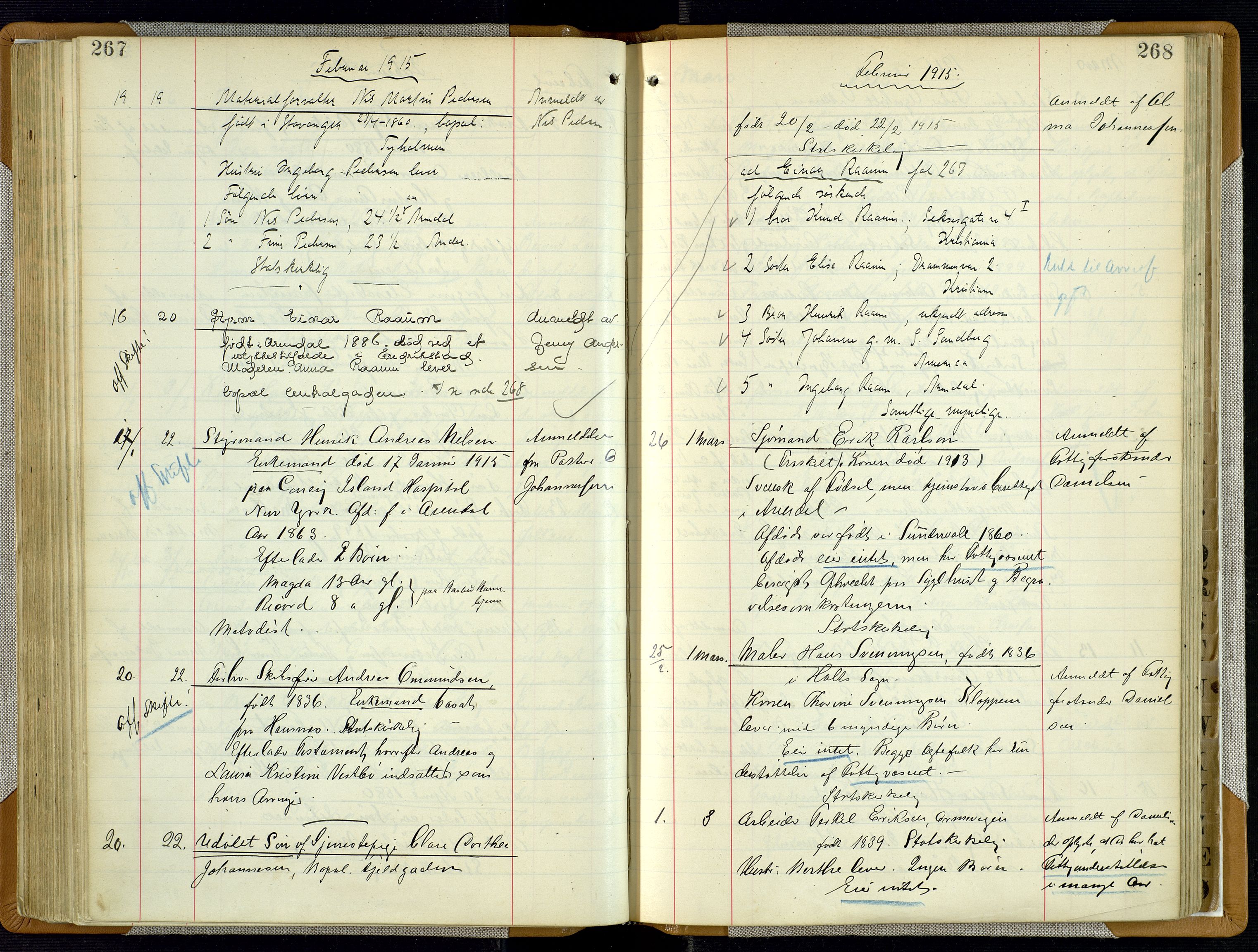 Arendal byfogd, AV/SAK-1222-0001/H/Ha/L0003: Dødsfallsprotokoll, 1908-1917, p. 267-268