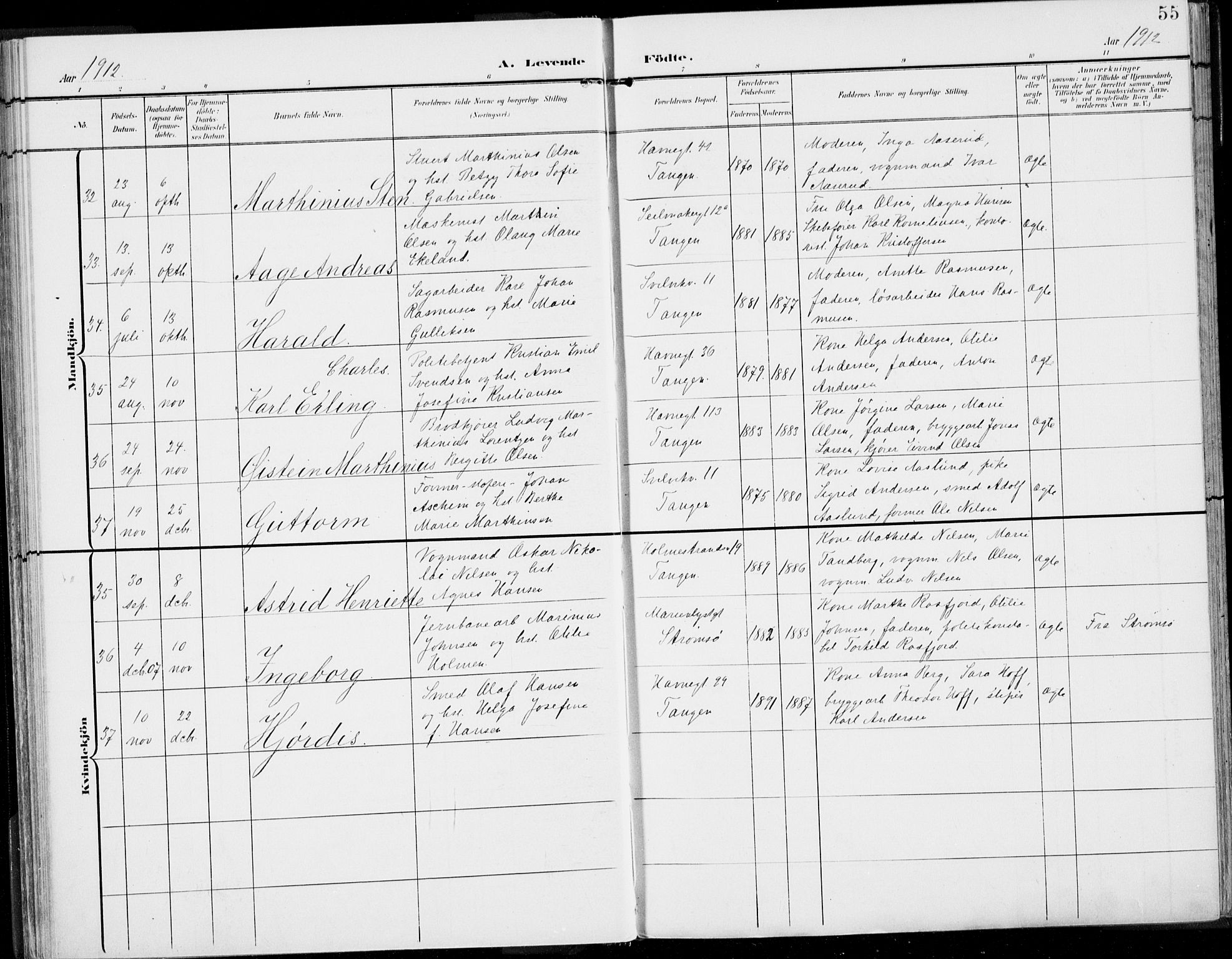 Strømsø kirkebøker, AV/SAKO-A-246/F/Fb/L0008: Parish register (official) no. II 8, 1902-1933, p. 55