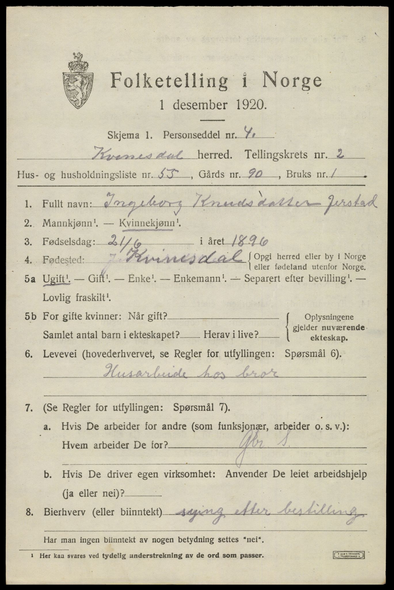 SAK, 1920 census for Kvinesdal, 1920, p. 2447