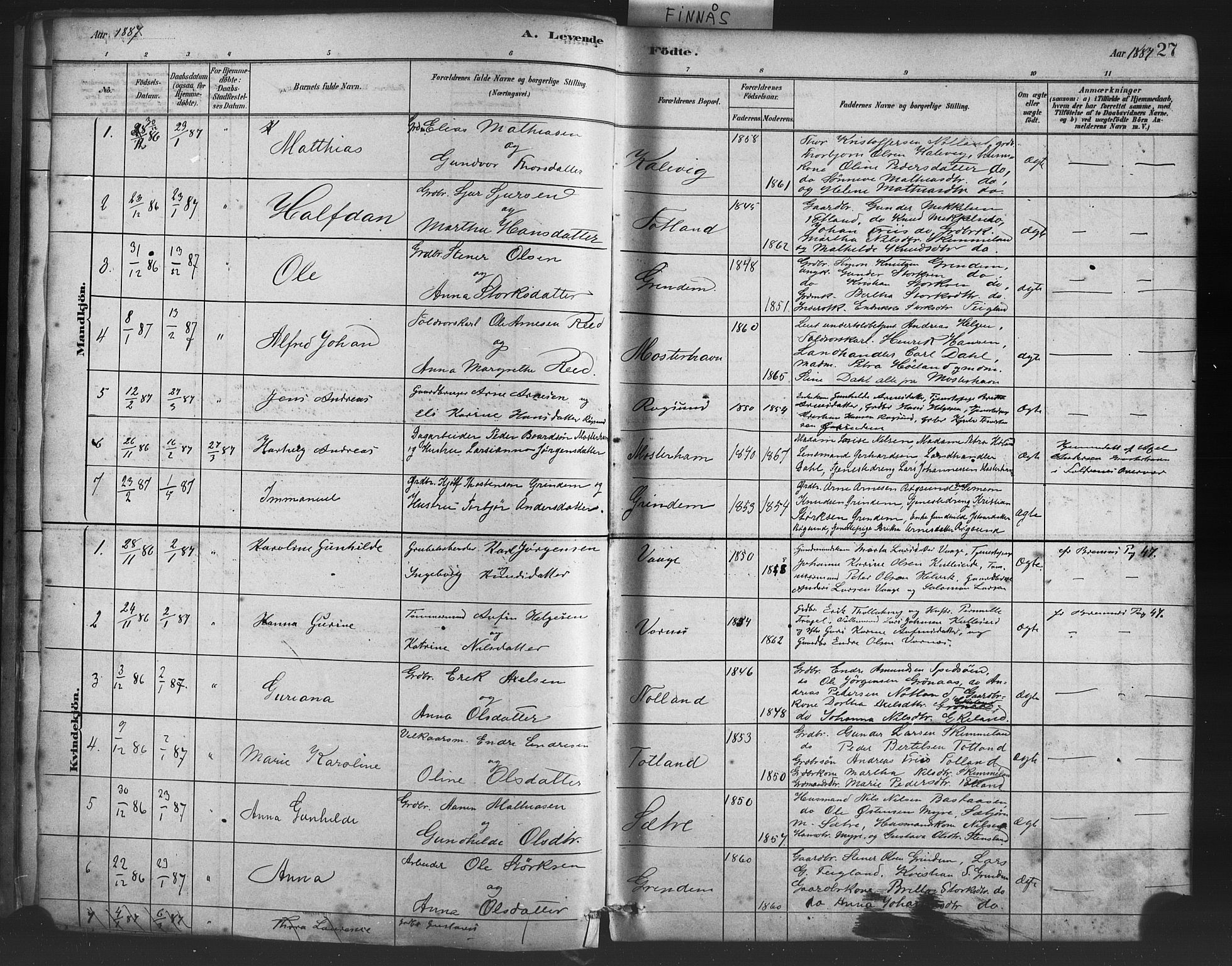 Finnås sokneprestembete, AV/SAB-A-99925/H/Ha/Haa/Haab/L0001: Parish register (official) no. B 1, 1881-1894, p. 27