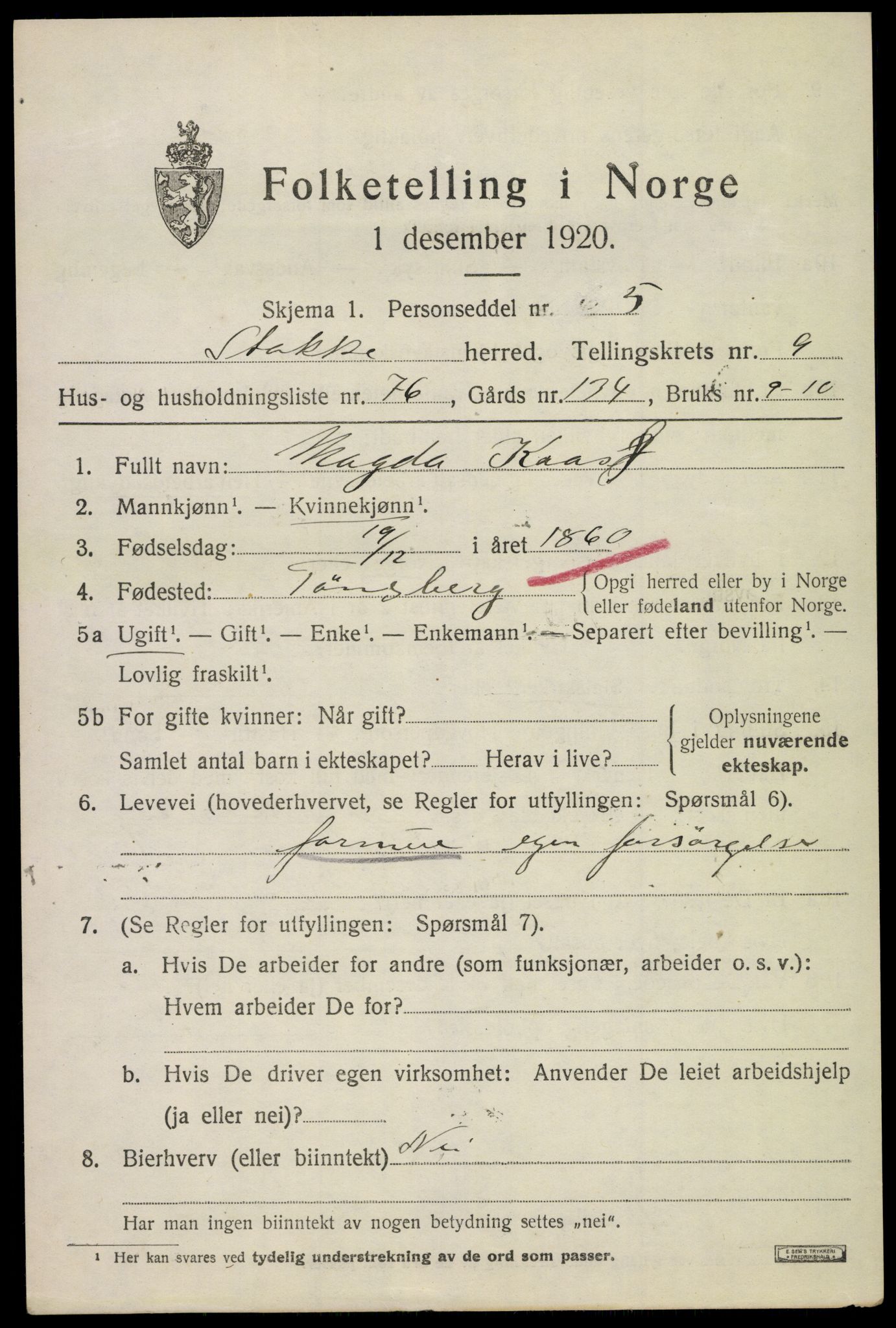 SAKO, 1920 census for Stokke, 1920, p. 11178