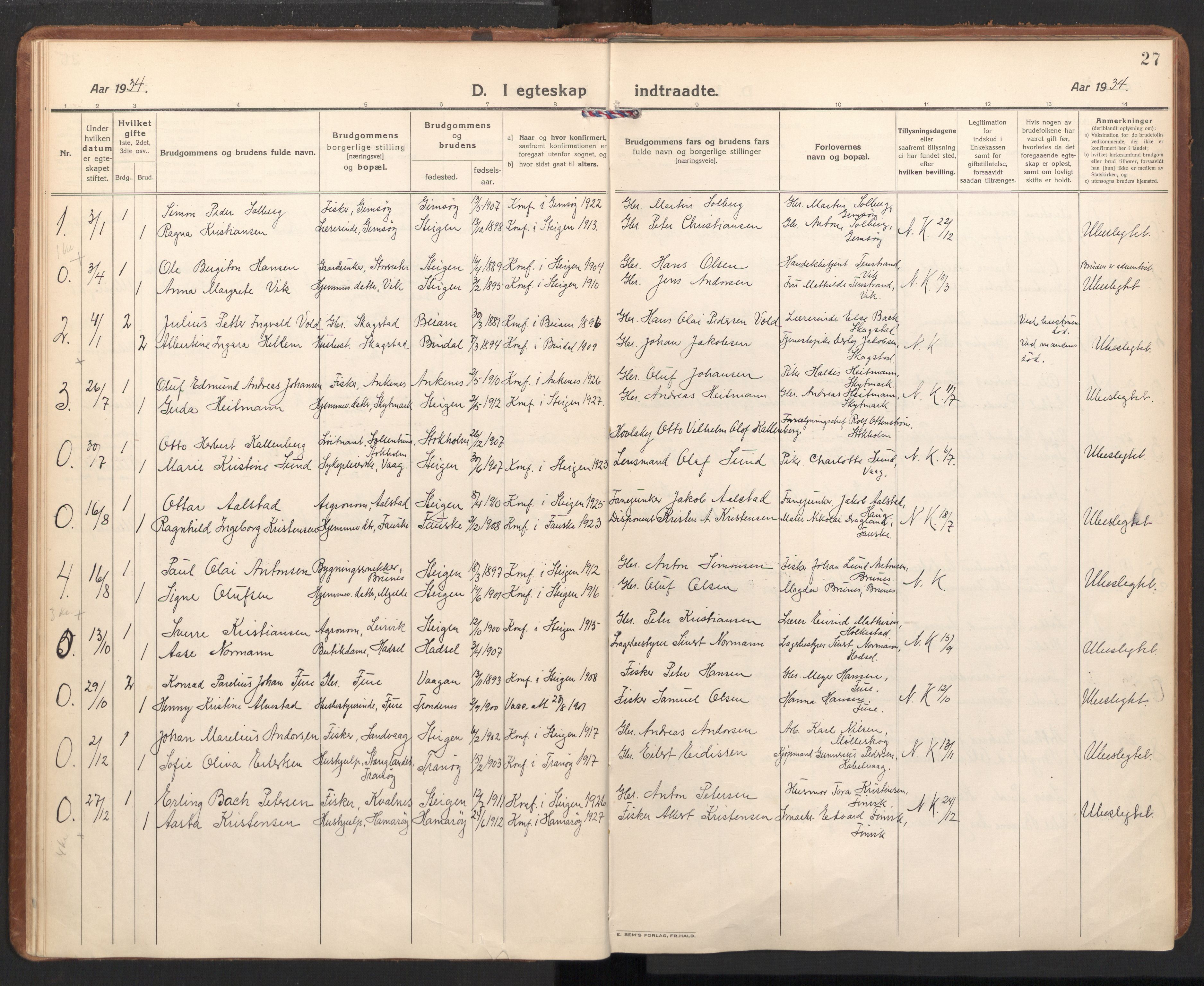 Ministerialprotokoller, klokkerbøker og fødselsregistre - Nordland, AV/SAT-A-1459/855/L0809: Parish register (official) no. 855A18, 1921-1939, p. 27