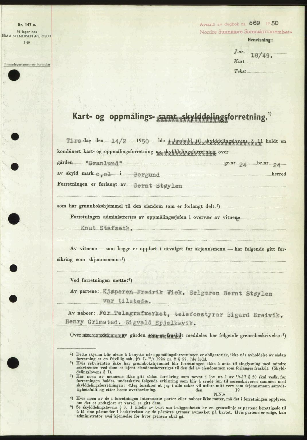 Nordre Sunnmøre sorenskriveri, AV/SAT-A-0006/1/2/2C/2Ca: Mortgage book no. A34, 1950-1950, Diary no: : 569/1950