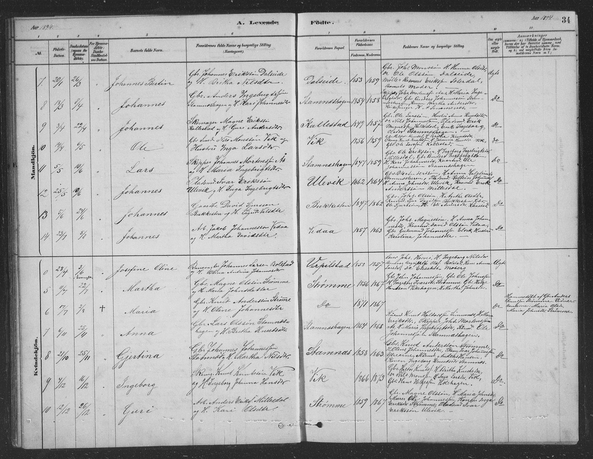 Vaksdal Sokneprestembete, SAB/A-78901/H/Hab: Parish register (copy) no. D 1, 1878-1939, p. 34