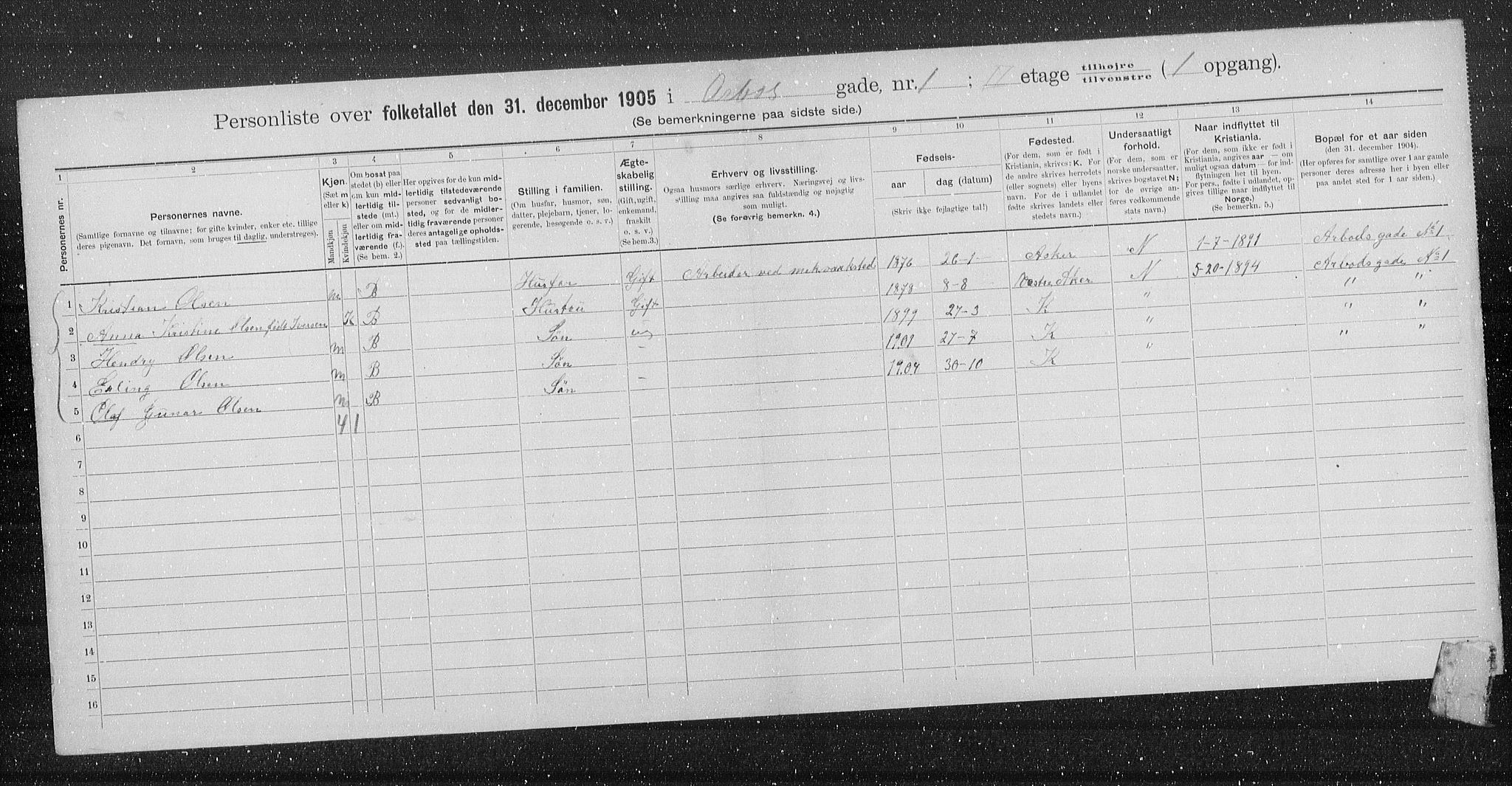 OBA, Municipal Census 1905 for Kristiania, 1905, p. 911