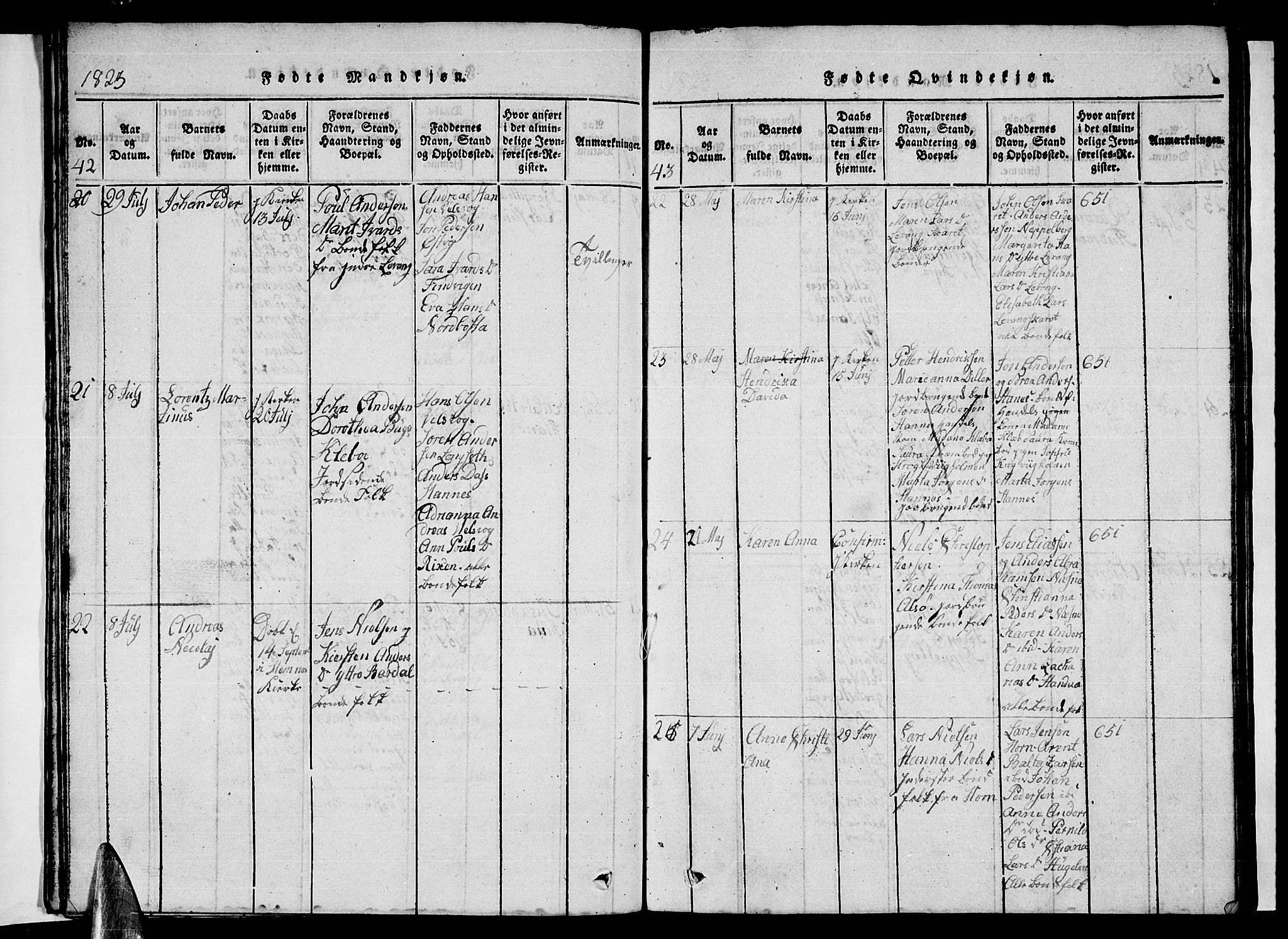 Ministerialprotokoller, klokkerbøker og fødselsregistre - Nordland, AV/SAT-A-1459/838/L0554: Parish register (copy) no. 838C01, 1820-1828, p. 42-43