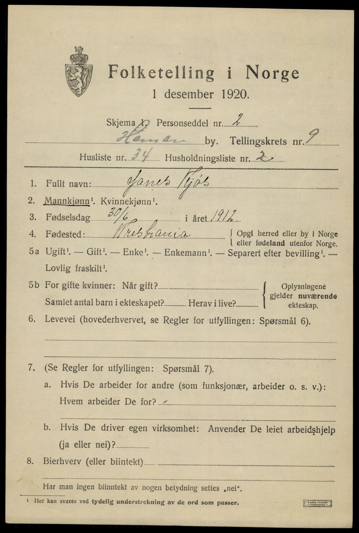 SAH, 1920 census for Hamar, 1920, p. 16813