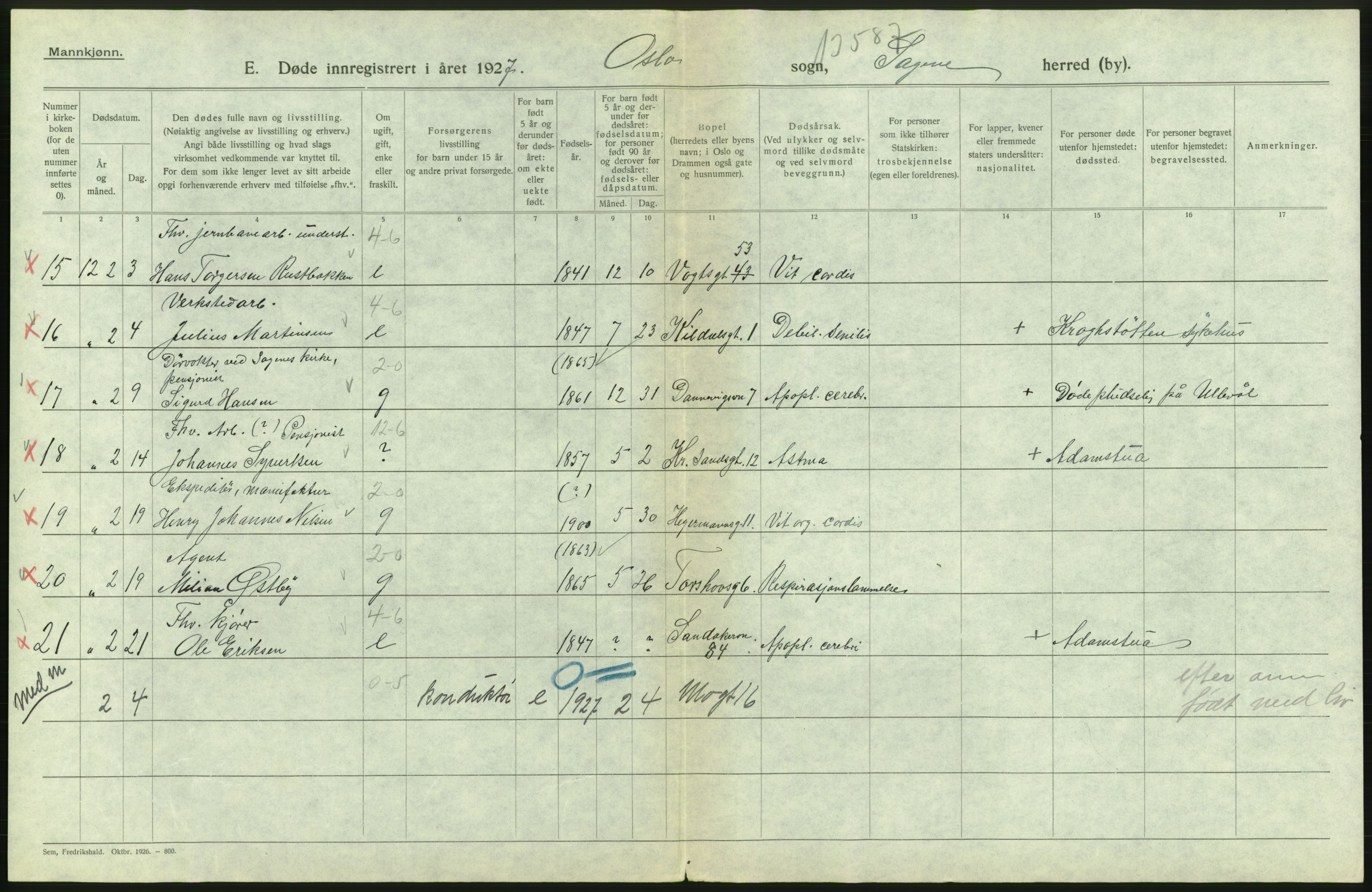 Statistisk sentralbyrå, Sosiodemografiske emner, Befolkning, RA/S-2228/D/Df/Dfc/Dfcg/L0009: Oslo: Døde menn, 1927, p. 240