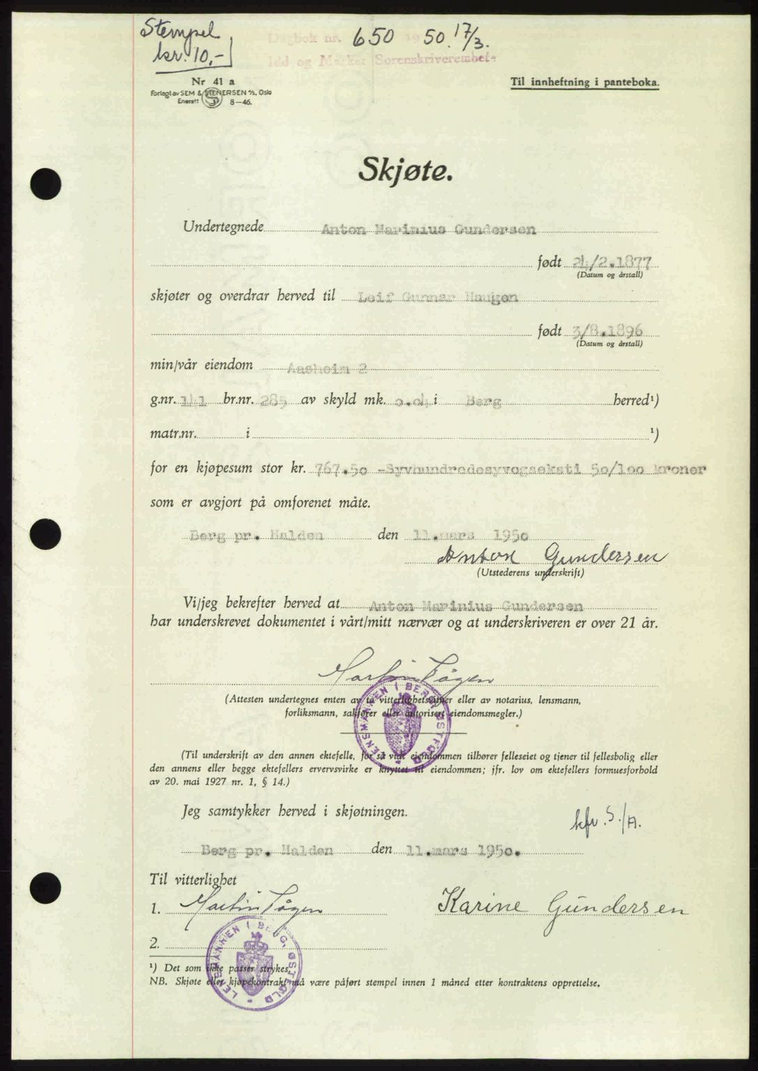 Idd og Marker sorenskriveri, AV/SAO-A-10283/G/Gb/Gbb/L0014: Mortgage book no. A14, 1950-1950, Diary no: : 650/1950