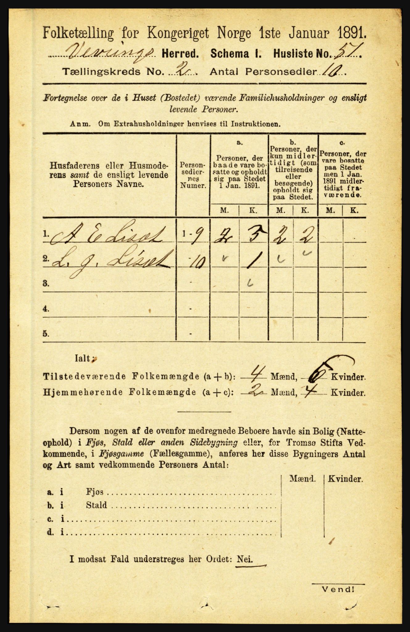 RA, 1891 census for 1434 Vevring, 1891, p. 421