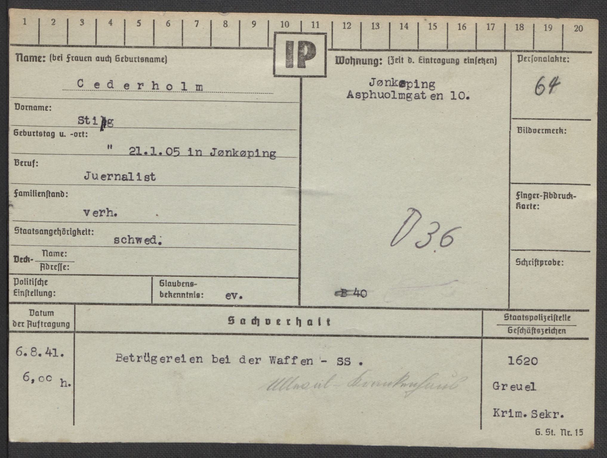 Befehlshaber der Sicherheitspolizei und des SD, RA/RAFA-5969/E/Ea/Eaa/L0002: Register over norske fanger i Møllergata 19: Bj-Eng, 1940-1945, p. 683