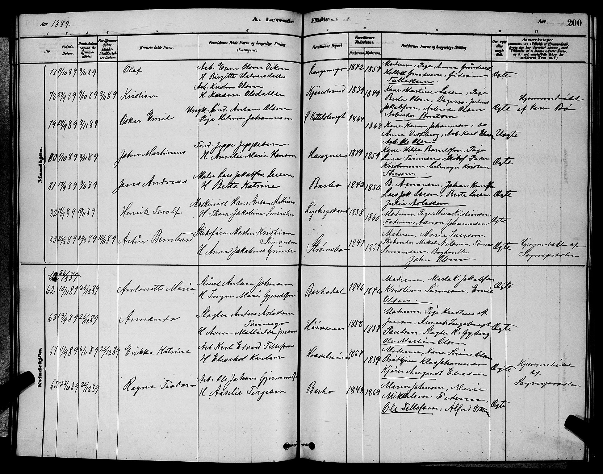 Barbu sokneprestkontor, AV/SAK-1111-0003/F/Fb/L0001: Parish register (copy) no. B 1, 1878-1890, p. 200