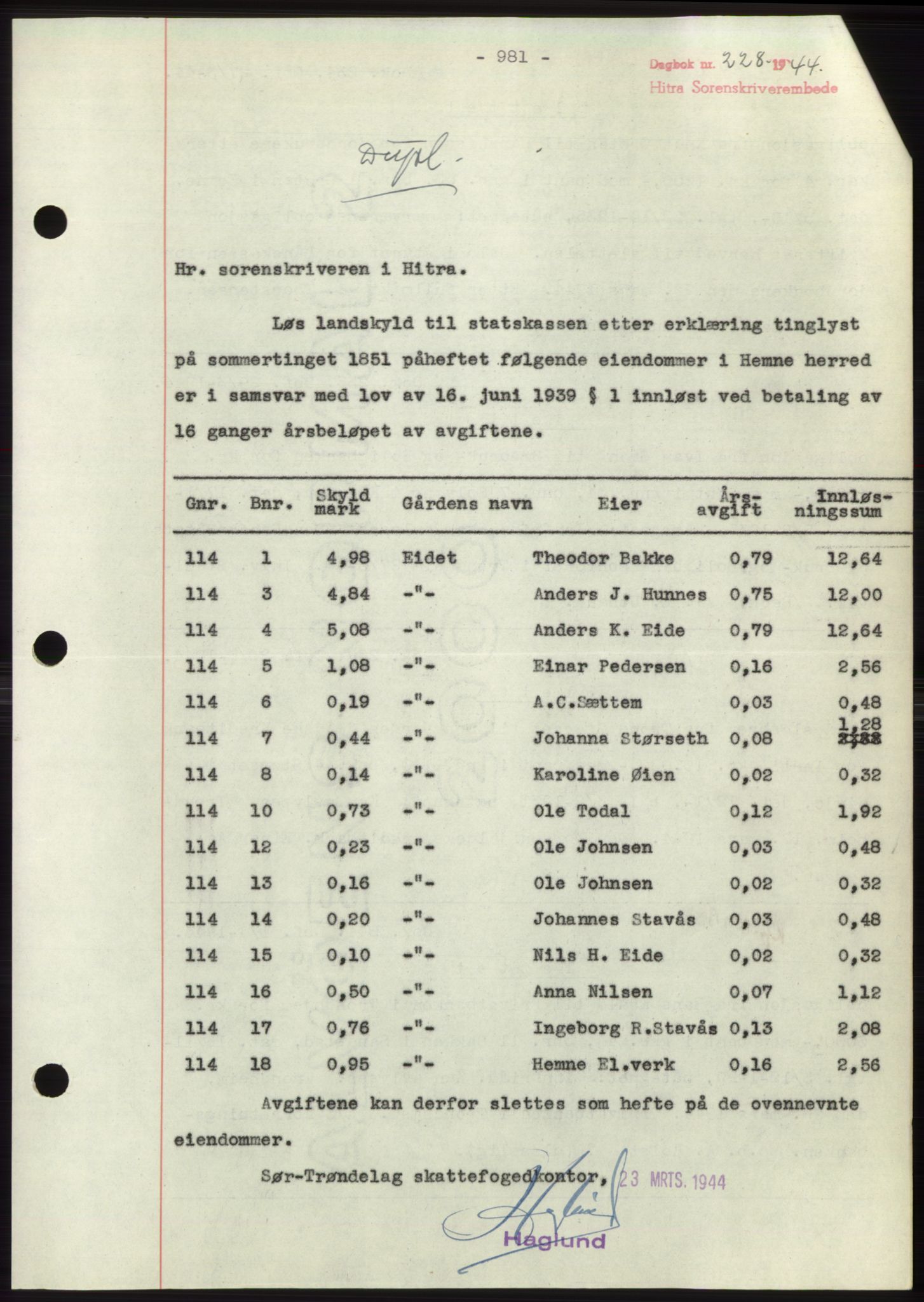 Hitra sorenskriveri, AV/SAT-A-0018/2/2C/2Ca: Mortgage book no. C1, 1936-1945, Diary no: : 228/1944