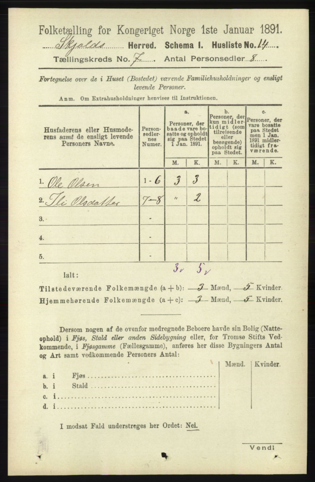 RA, 1891 census for 1154 Skjold, 1891, p. 1317