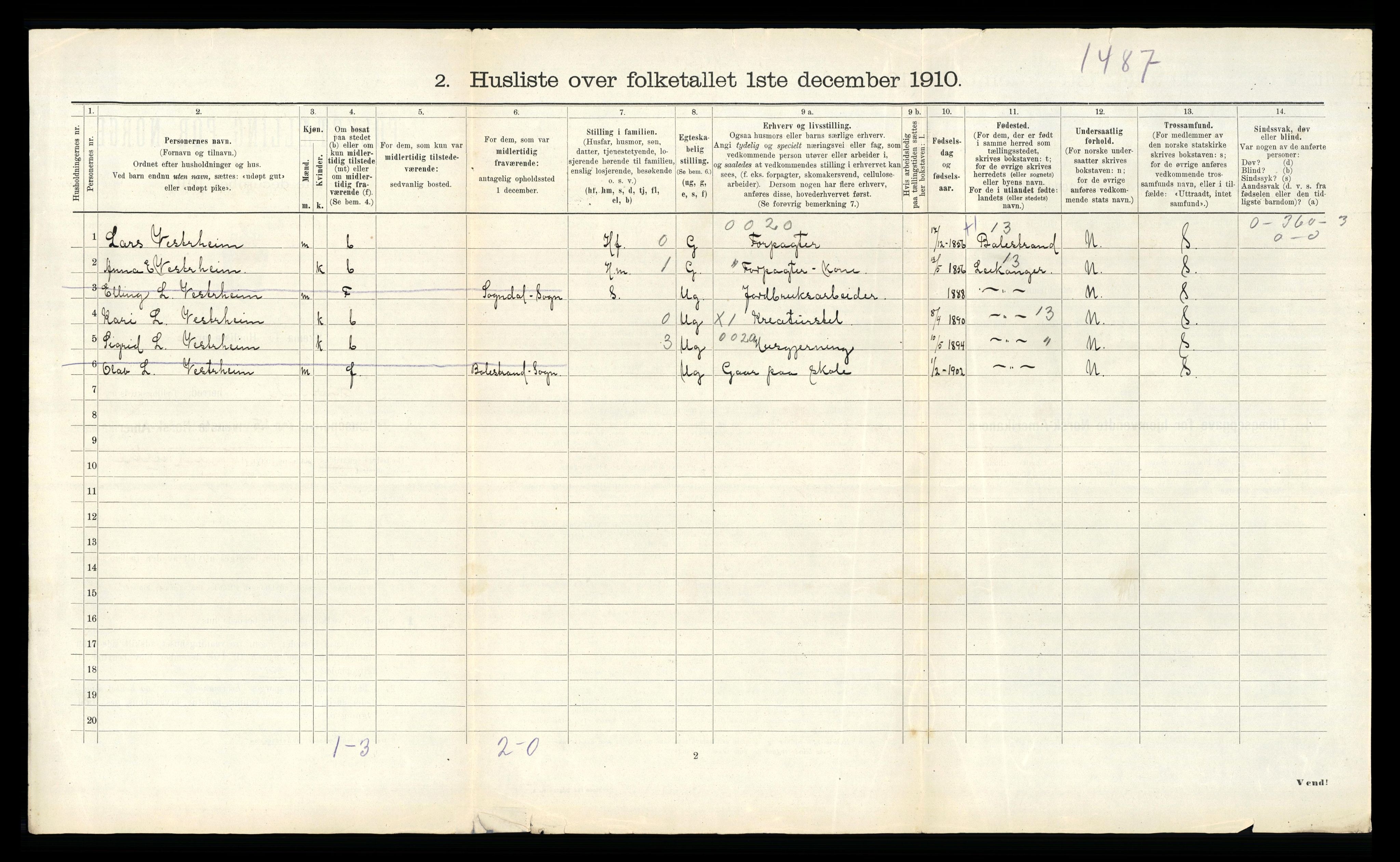 RA, 1910 census for Årdal, 1910, p. 485