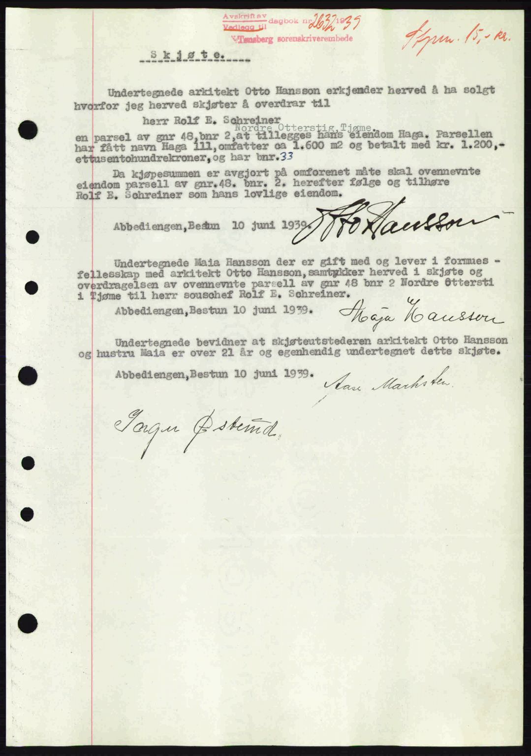 Tønsberg sorenskriveri, AV/SAKO-A-130/G/Ga/Gaa/L0007: Mortgage book no. A7, 1939-1939, Diary no: : 2632/1939
