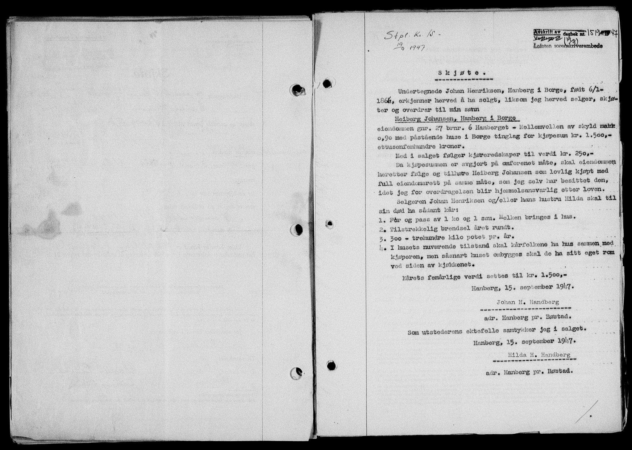 Lofoten sorenskriveri, SAT/A-0017/1/2/2C/L0016a: Mortgage book no. 16a, 1947-1947, Diary no: : 1519/1947