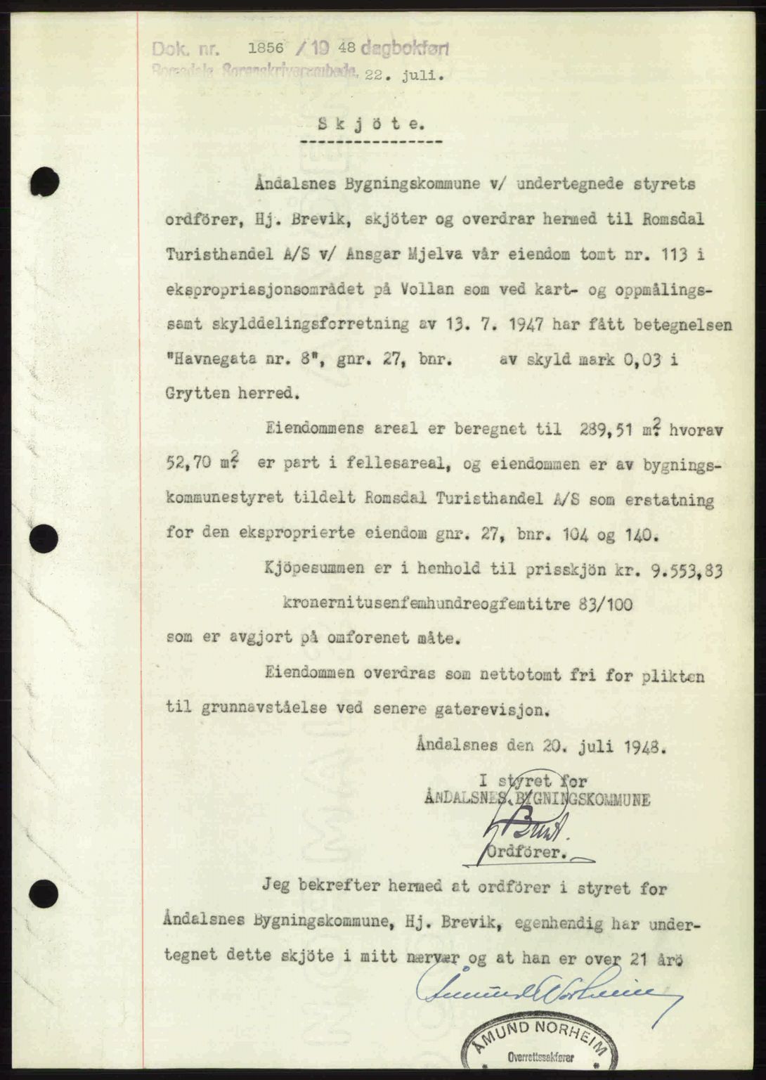 Romsdal sorenskriveri, AV/SAT-A-4149/1/2/2C: Mortgage book no. A26, 1948-1948, Diary no: : 1856/1948