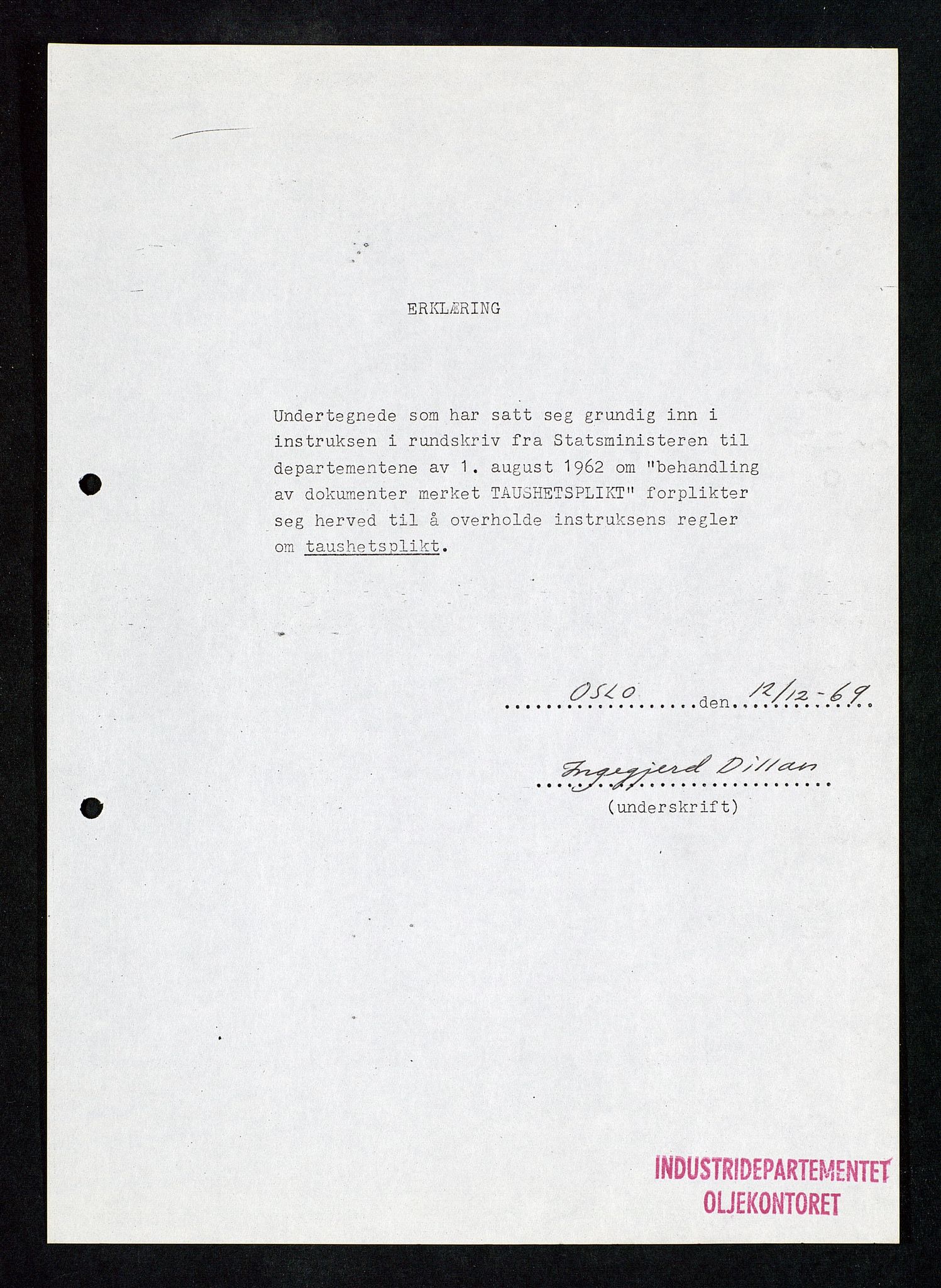 Industridepartementet, Oljekontoret, AV/SAST-A-101348/Db/L0001: Sikkerhet og utstyr, personell, arbeidstid, lønn, 1967-1973, p. 188