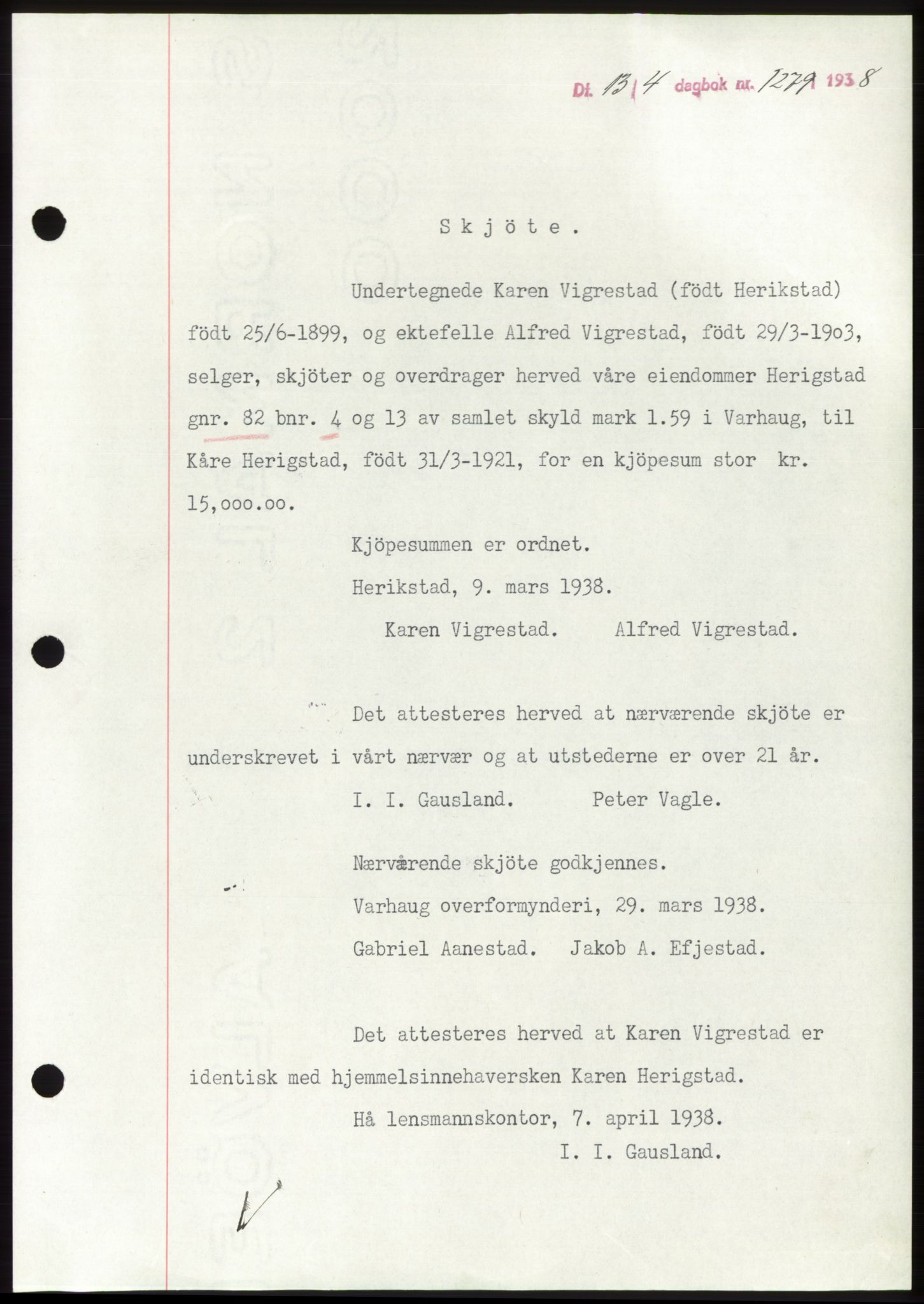 Jæren sorenskriveri, AV/SAST-A-100310/03/G/Gba/L0070: Mortgage book, 1938-1938, Diary no: : 1279/1938