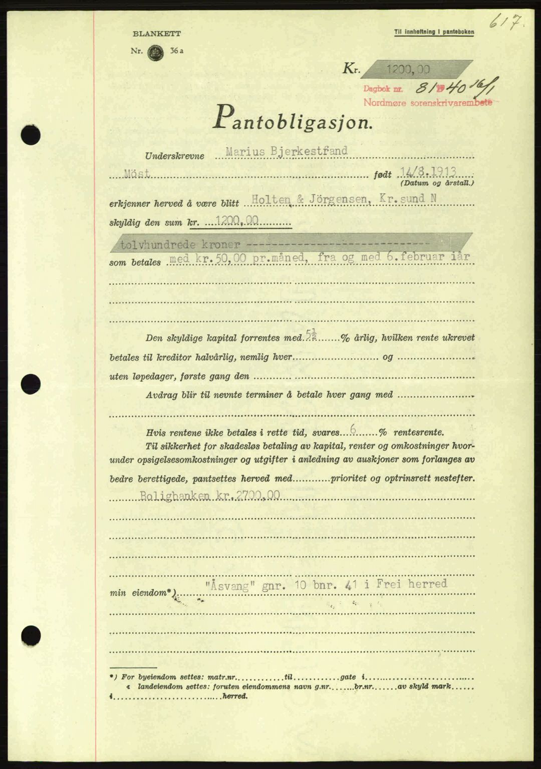 Nordmøre sorenskriveri, AV/SAT-A-4132/1/2/2Ca: Mortgage book no. B86, 1939-1940, Diary no: : 81/1940