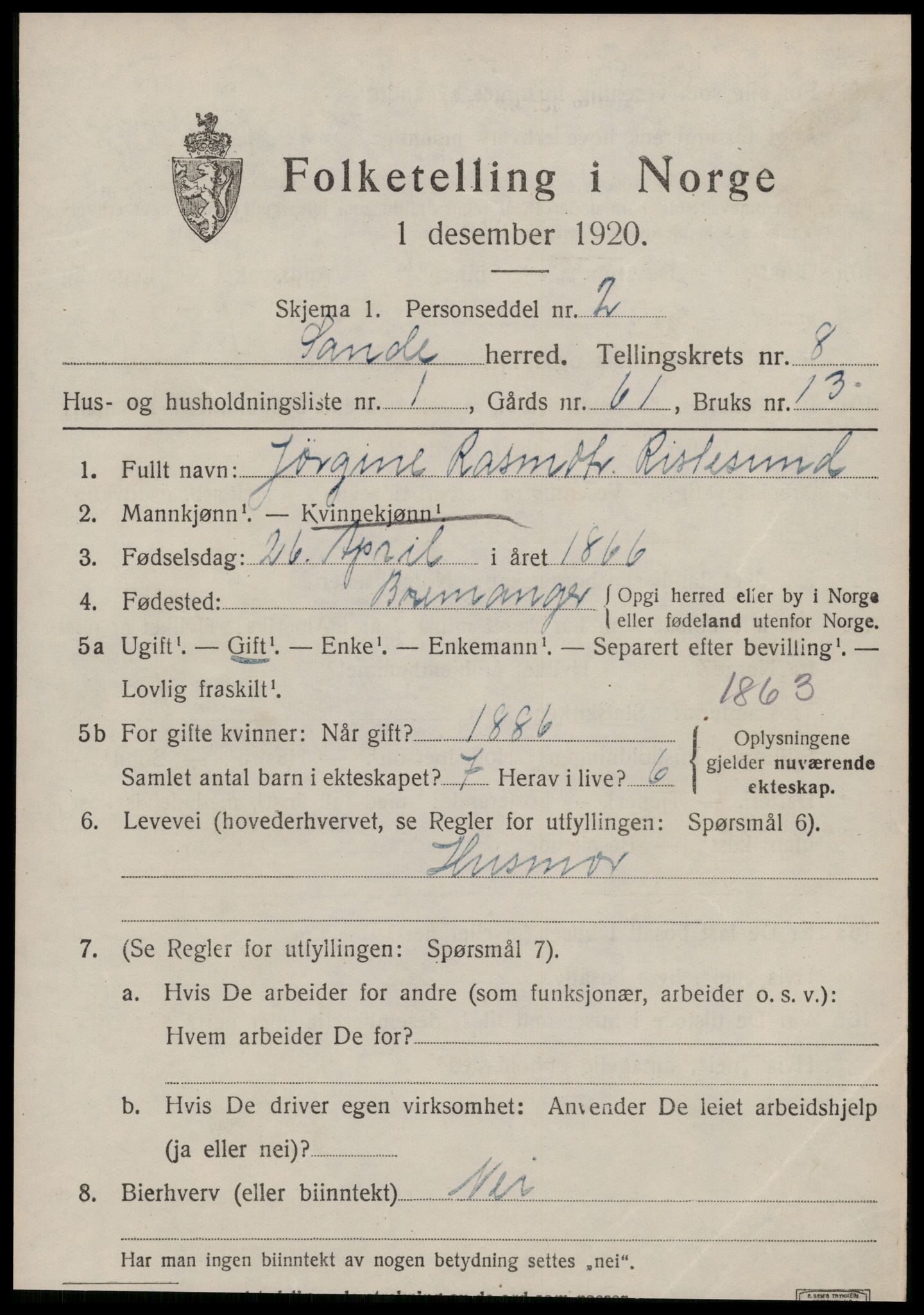 SAT, 1920 census for Sande (MR), 1920, p. 4830