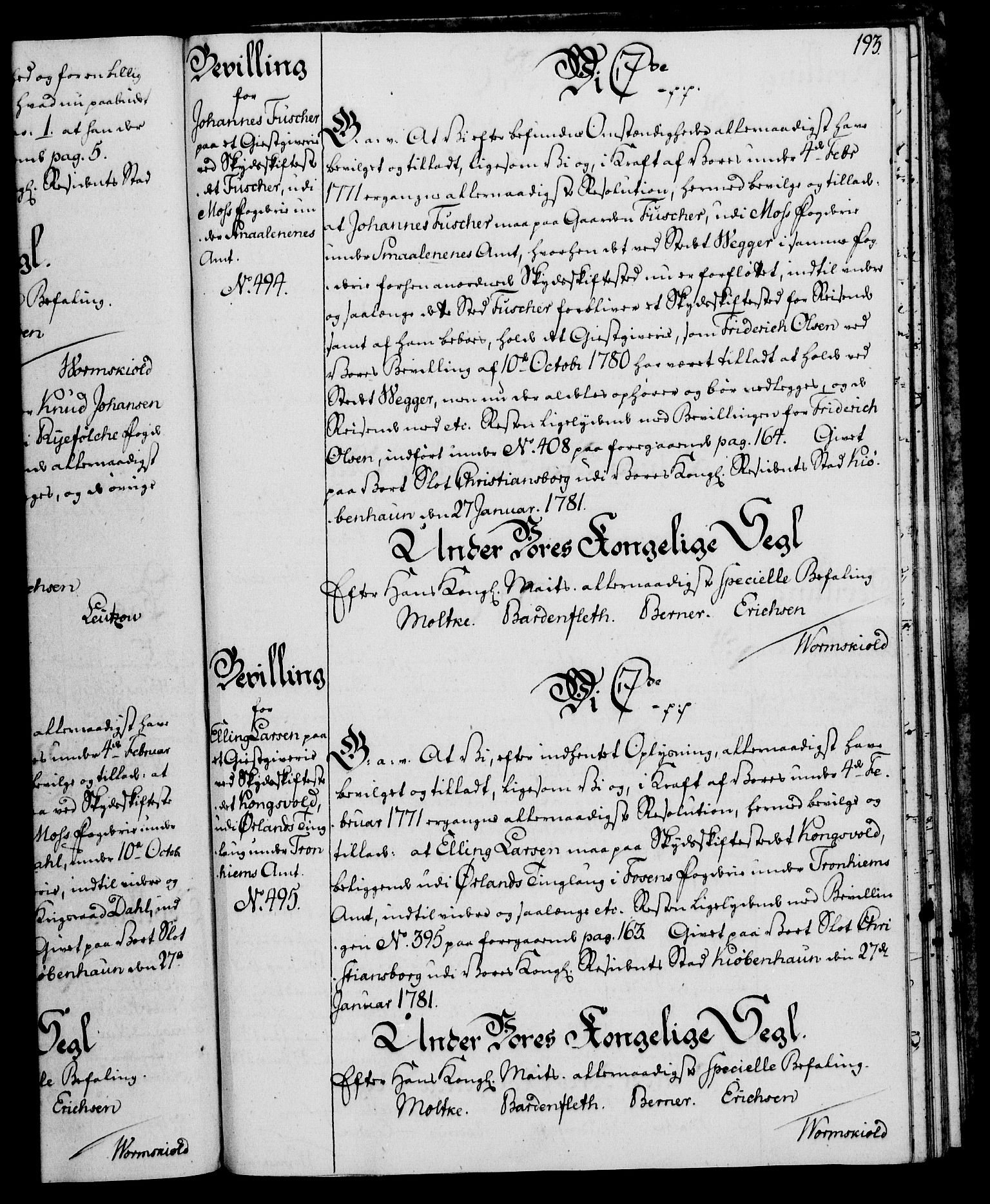 Rentekammeret, Kammerkanselliet, AV/RA-EA-3111/G/Gg/Gga/L0011: Norsk ekspedisjonsprotokoll med register (merket RK 53.11), 1779-1781, p. 193