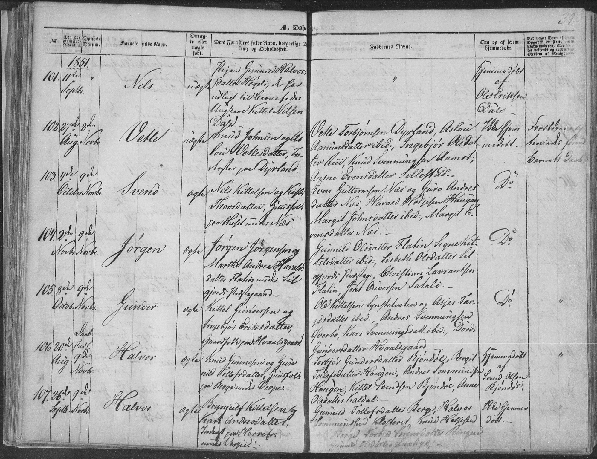 Seljord kirkebøker, SAKO/A-20/F/Fa/L012a: Parish register (official) no. I 12A, 1850-1865, p. 39