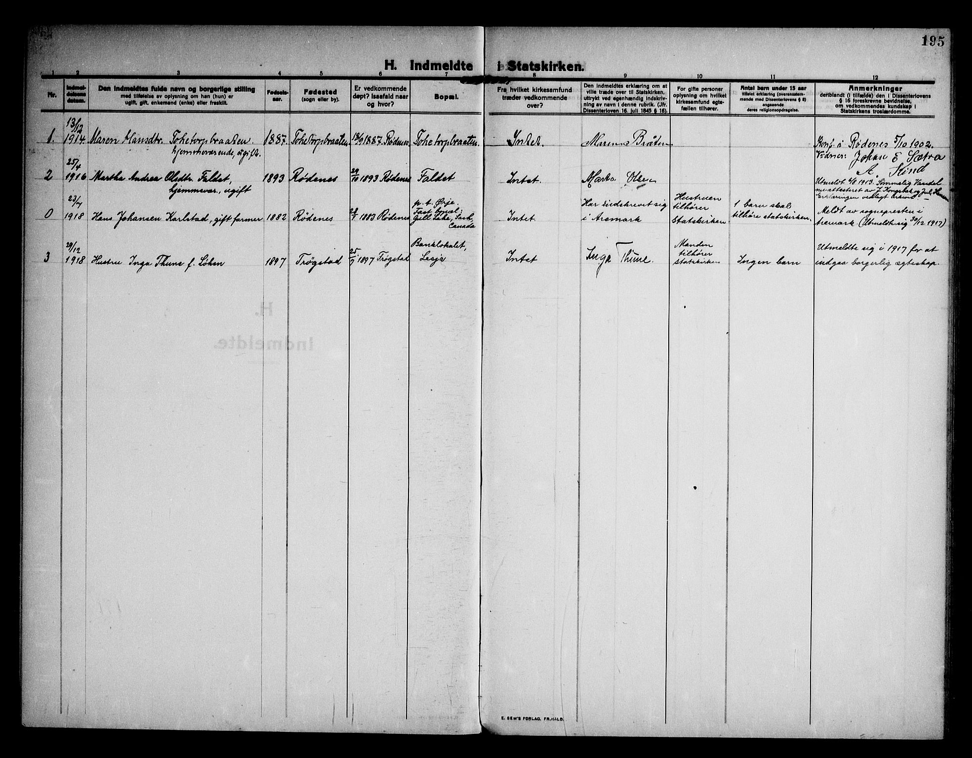 Rødenes prestekontor Kirkebøker, SAO/A-2005/F/Fa/L0012: Parish register (official) no. I 12, 1911-1926, p. 195