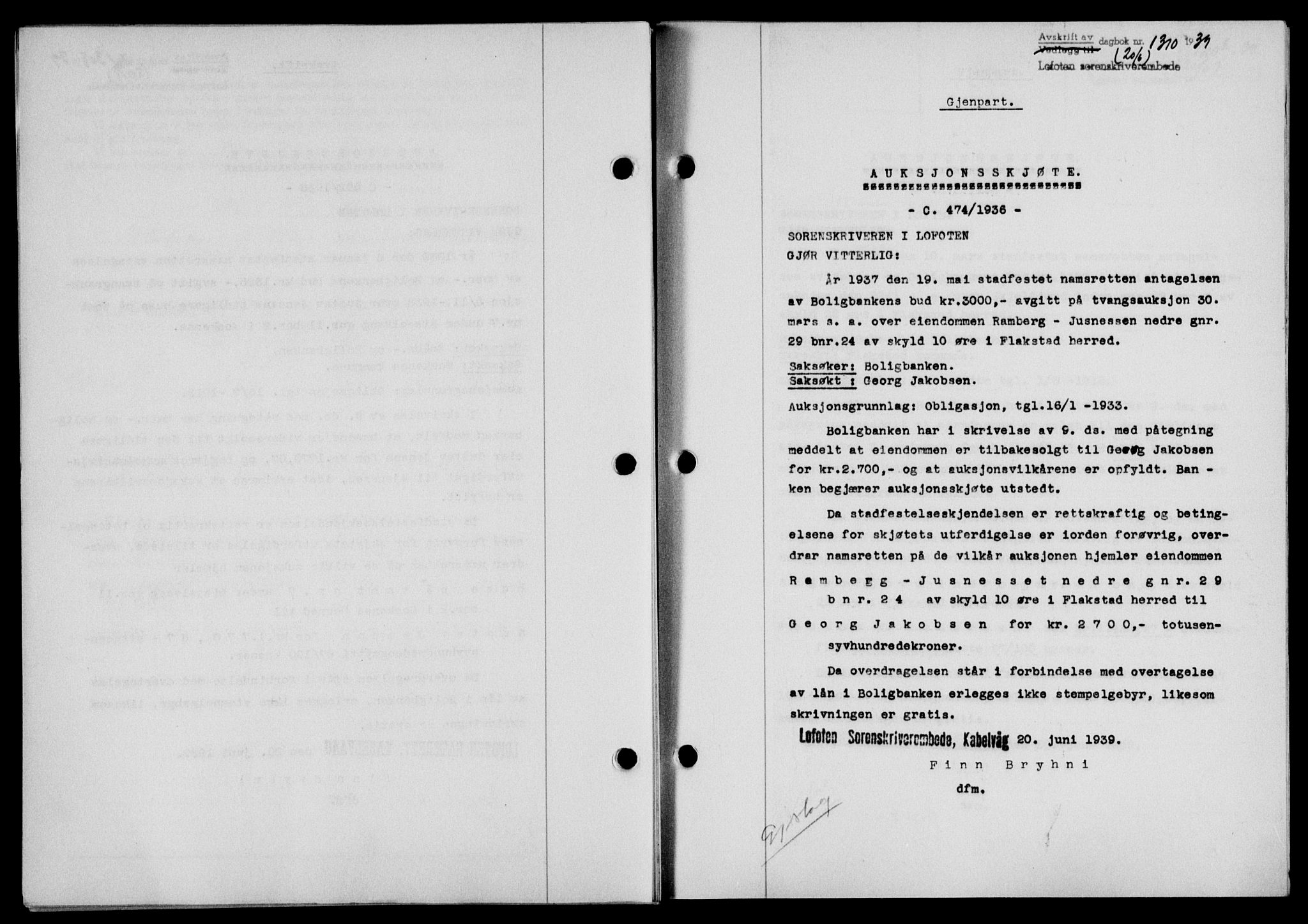 Lofoten sorenskriveri, SAT/A-0017/1/2/2C/L0005a: Mortgage book no. 5a, 1939-1939, Diary no: : 1310/1939