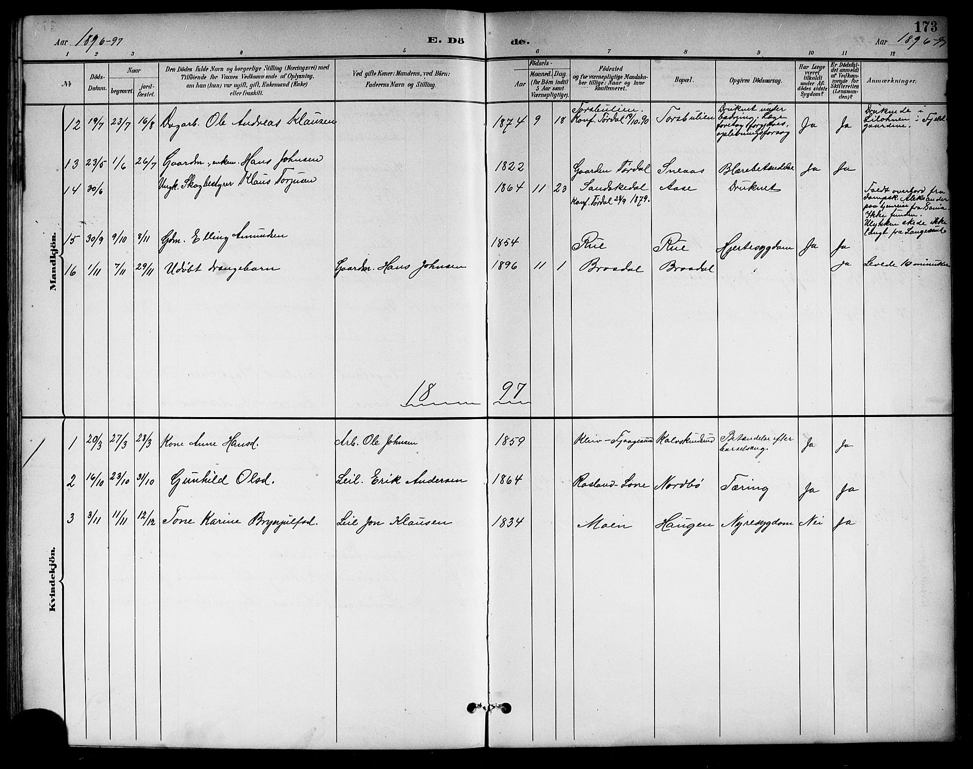 Drangedal kirkebøker, SAKO/A-258/G/Gb/L0002: Parish register (copy) no. II 2, 1895-1918, p. 173